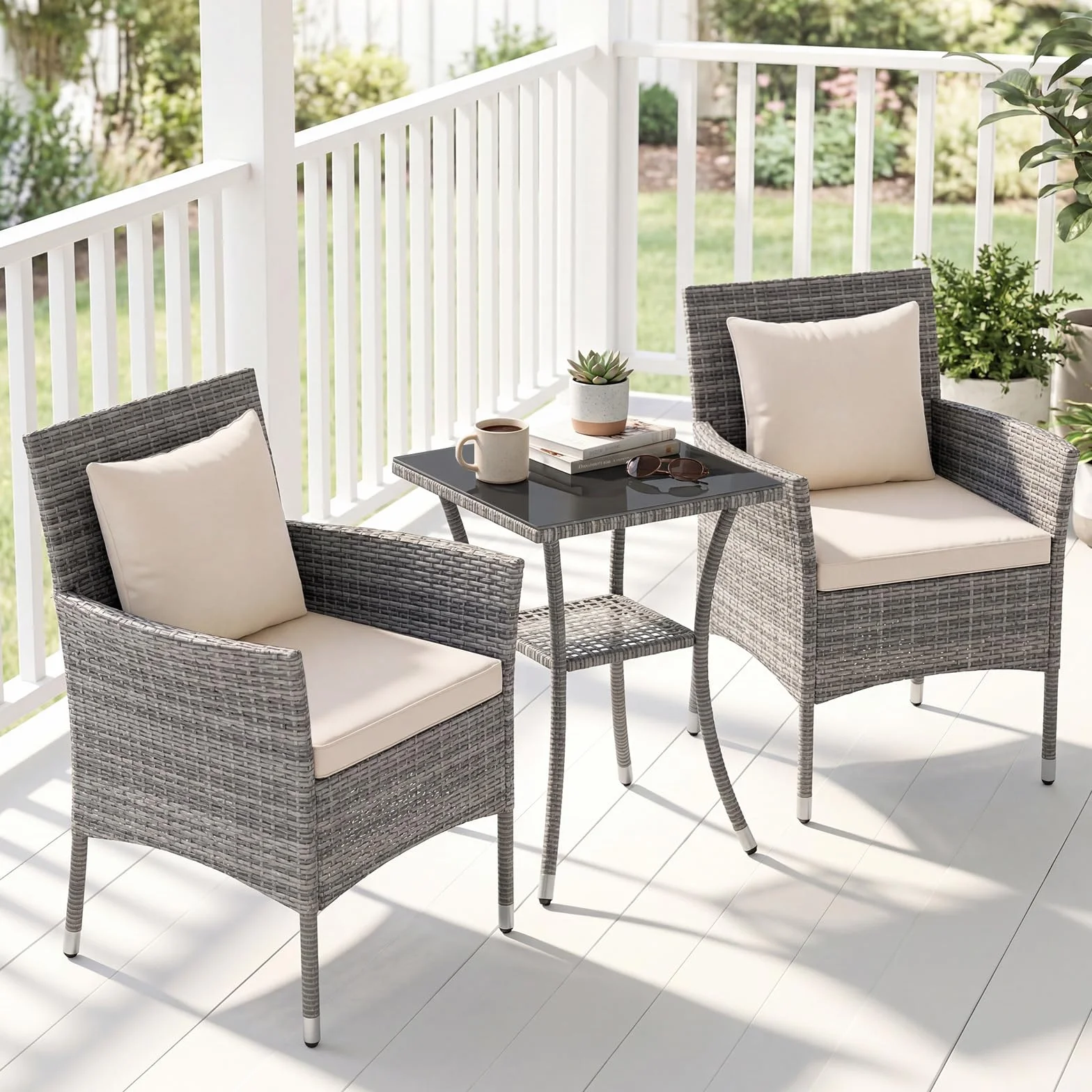 LIFEZEAL Salotto da Giardino in Rattan PE, Set 2 Divanetti con Cuscini Rimovibili e Tavolino in Vetro Temprato