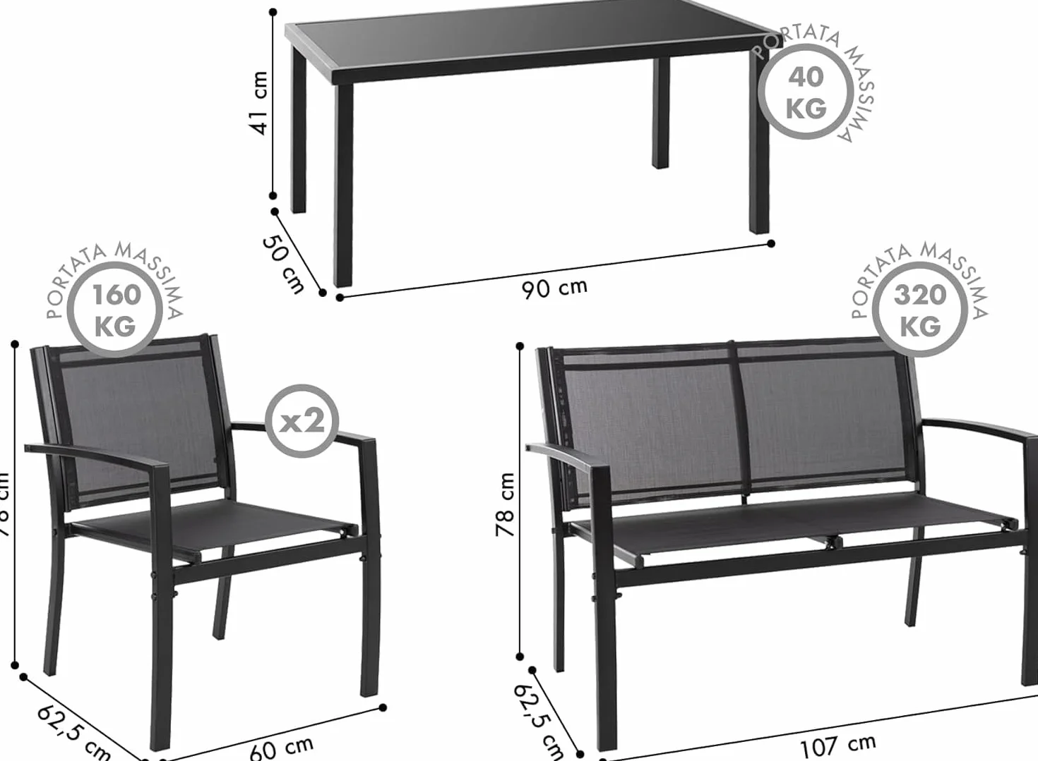 Salotto Da Esterno In Acciaio 2 Poltrone 1 Divano 1 Tavolo Giardino Esterno Con Seduta In Textilene Patio Salottino Relax Primavera Estate Mobili Estivi 4 Posti Tavolo Ripiano In Vetro - Nero