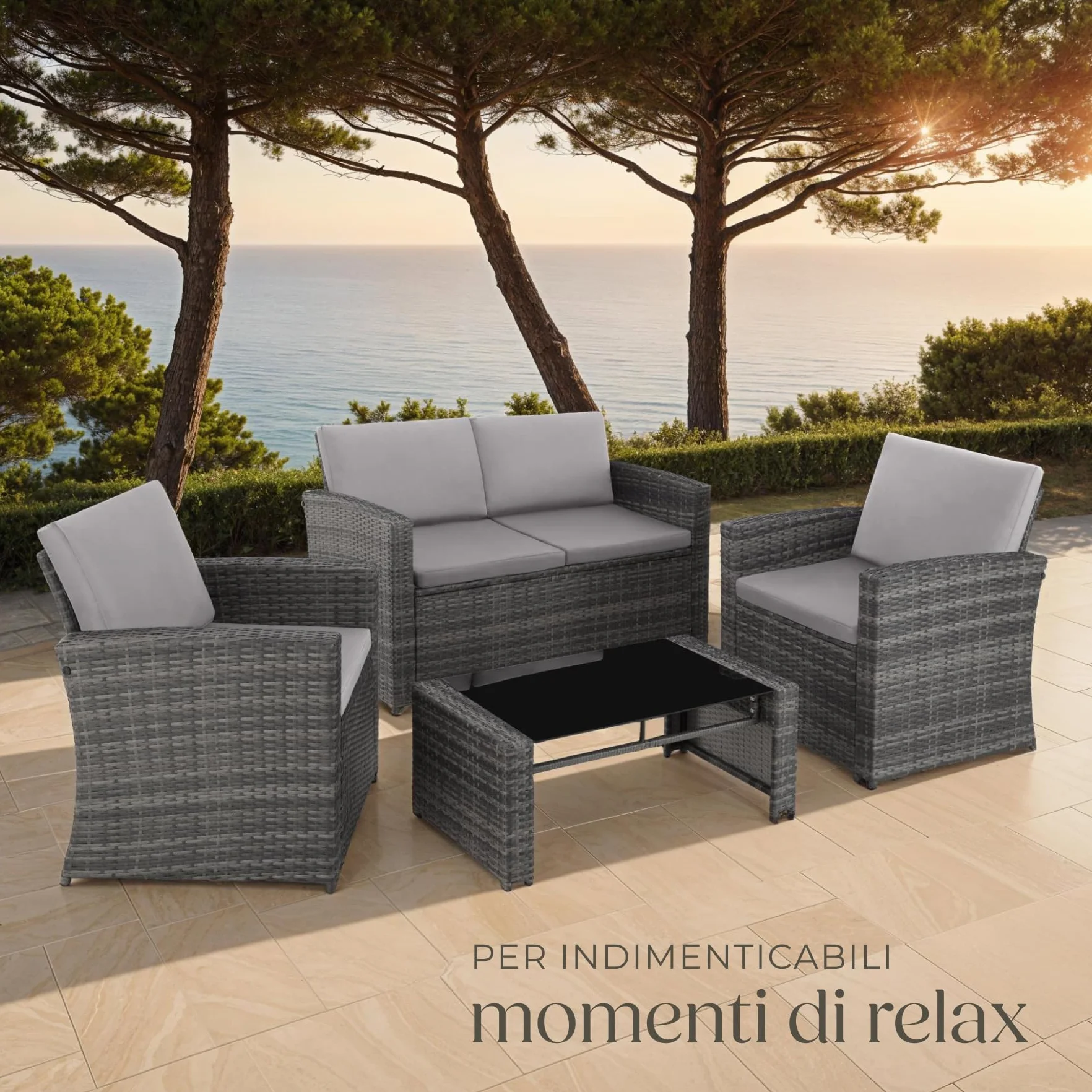 Salottino in Rattan da Giardino Esterno con 2 Poltrone, Divano e Tavolo in Vetro Rimovibile - Grigio/Grigio Chiaro