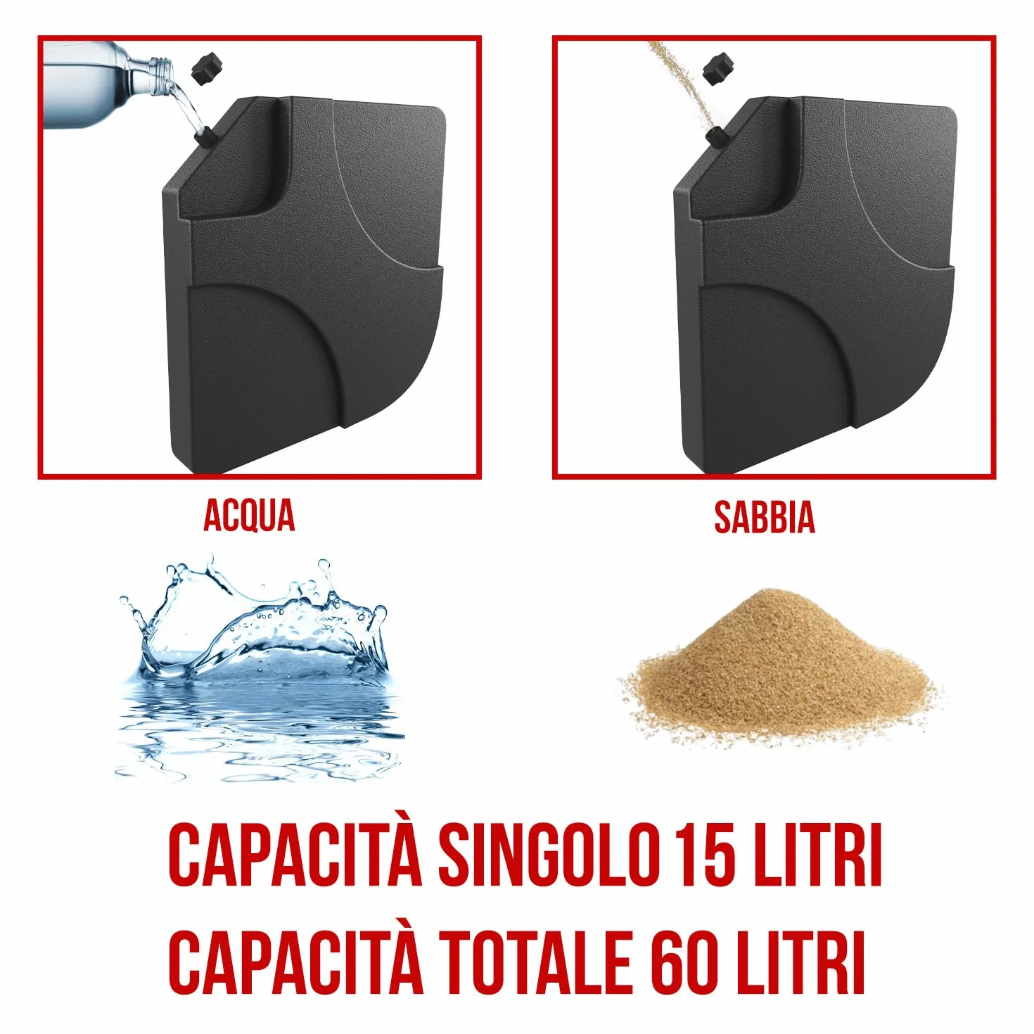 Set 4 Supporto Pesi Base Ombrellone Parasole Da Giardino In Plastica HDPE Riempibili Con Acqua E Sabbia 60 Litri / 100 Kg Adatti Per Ombrelloni Base A Croce 50 x 50 x 7.5 cm Nero