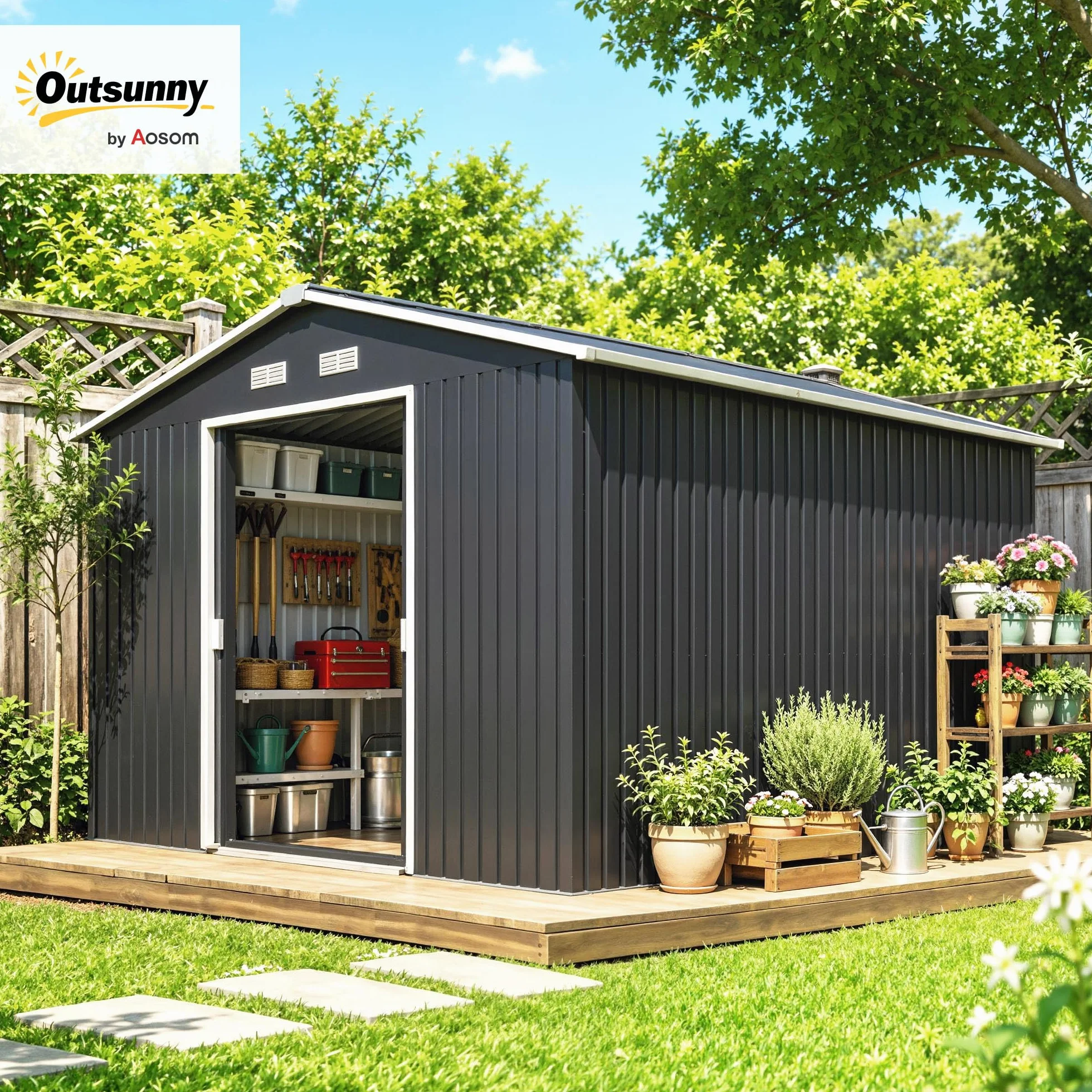 Outsunny Casetta da Giardino in Lamiera d'Acciaio 8.3 m² con 2 Porte Scorrevoli 277x322x192 cm Grigio Scuro