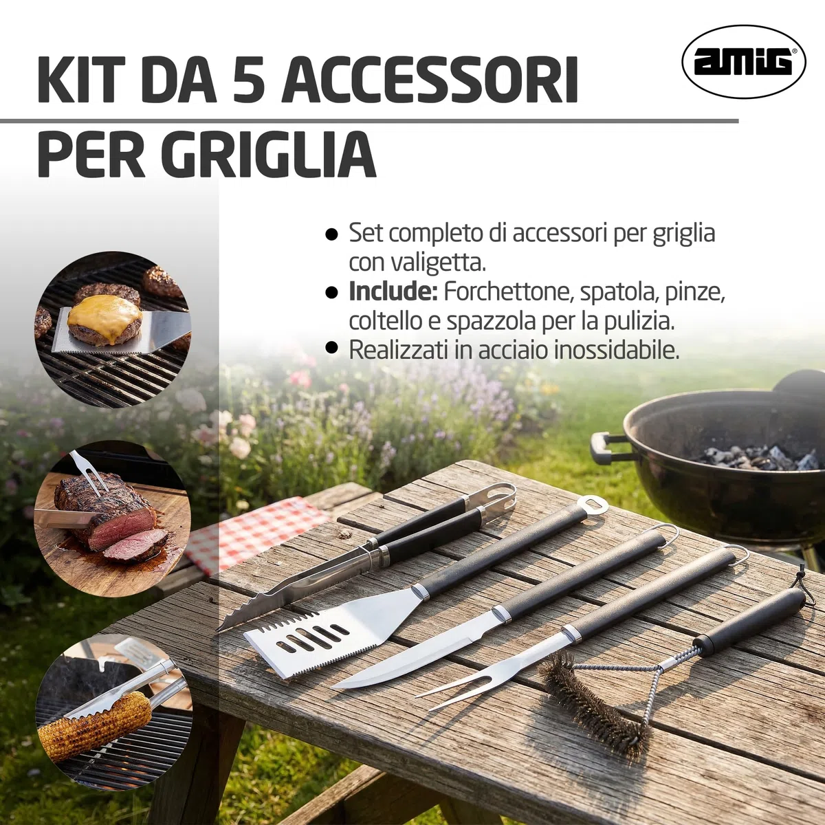 Amig Valigetta per Barbecue Acciaio Inossidabile Set Completo Utensili con Custodia AM01