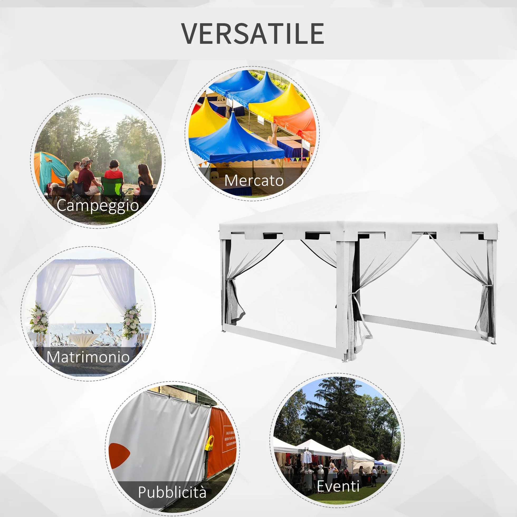 Outsunny Gazebo 4x3 m con Zanzariera e 2 Ingressi, Gazebo da Giardino in Metallo e PE, Bianco e Nero