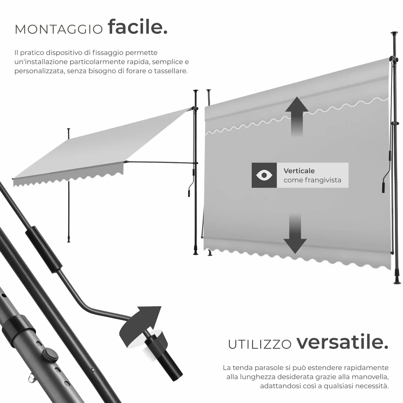 Tectake Tenda da Sole a Morsetto Regolabile 350x180cm Grigio Chiaro Impermeabile UV