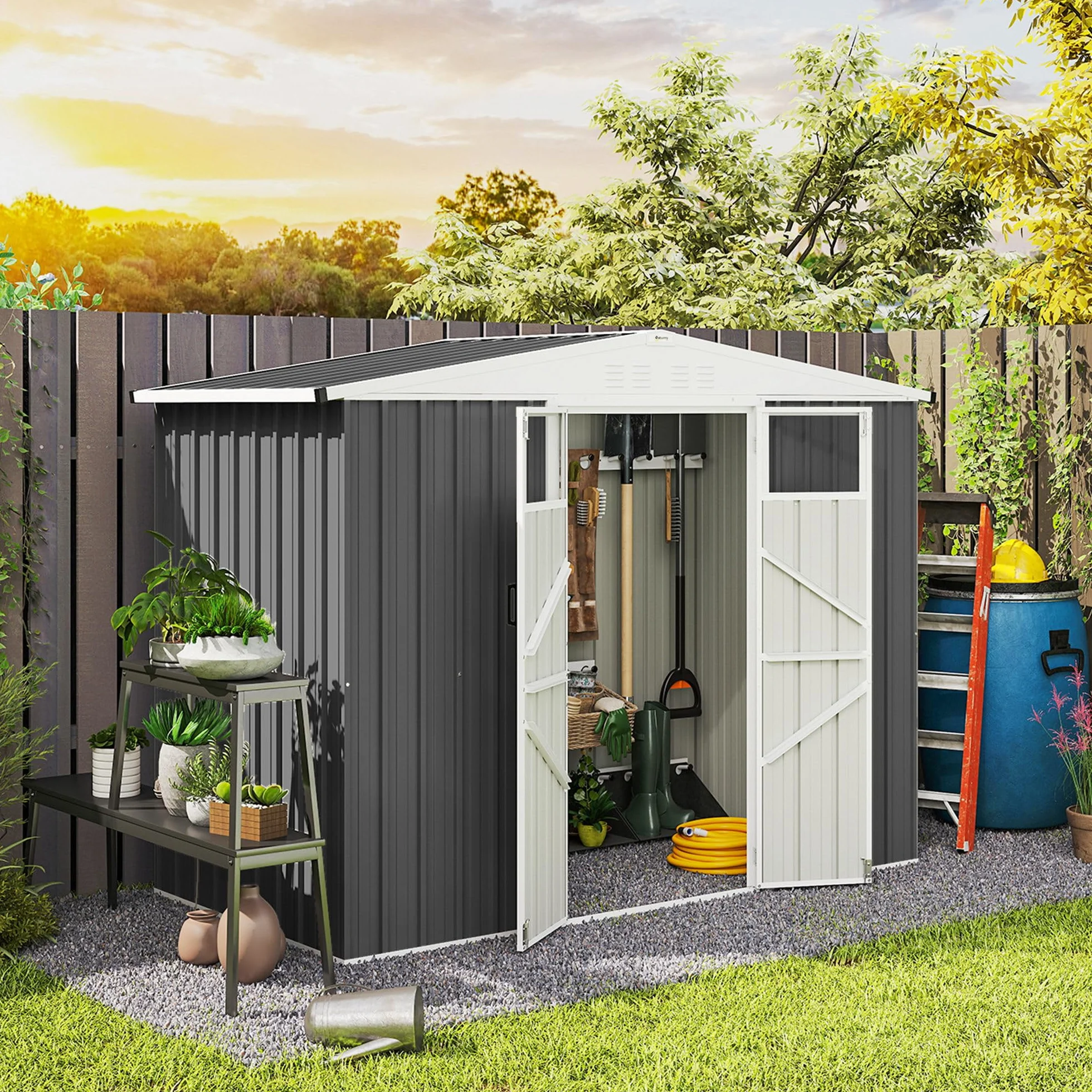 Outsunny Casetta da Giardino 2.7m² in Acciaio Zincato con 4 Prese d'Aria e 2 Finestre Trasparenti, Capanno Porta Attrezzi con Tetto Inclinato, Doppio Porte Bloccabili con Chiavi e Guanti Grigio Scuro
