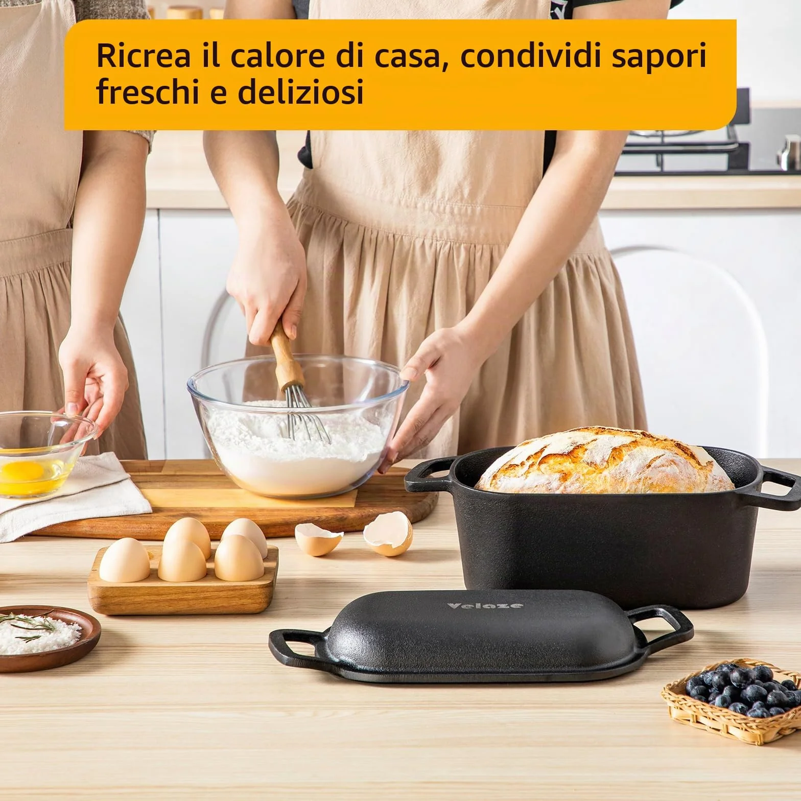 Velaze Pentola in Ghisa per Pane 3.4L - Casseruola in Ghisa Smaltata Rettangolare 27x15cm con Coperchio, Interno Crema Antiaderente - Forno Olandese per Cuocere il Pane e Arrosti, Adatta Induzione