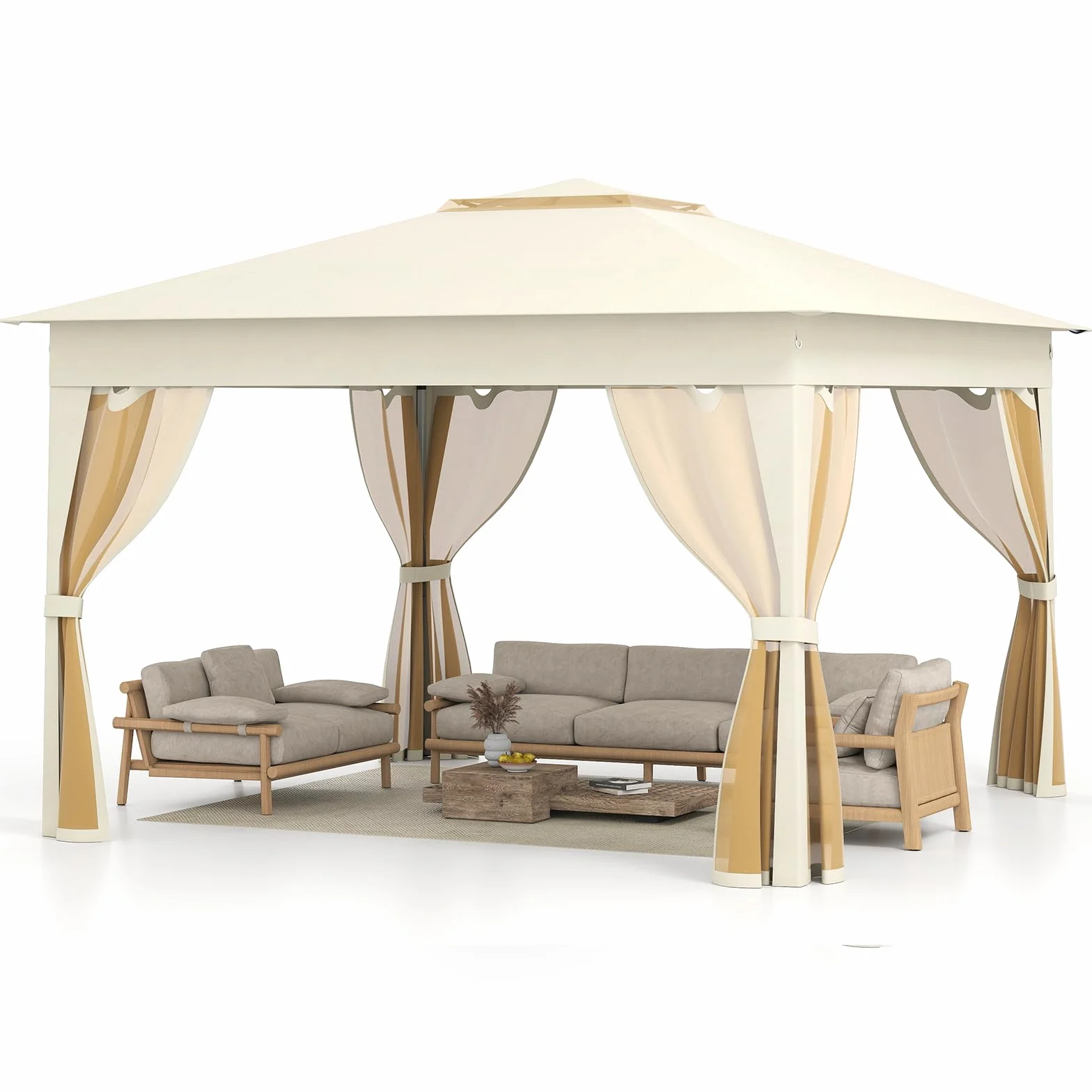 COSTWAY Gazebo Pieghevole 3,4 x 3,4 m con Zanzariera e Tende Laterali Tenda da Giardino Antivento 210D Beige