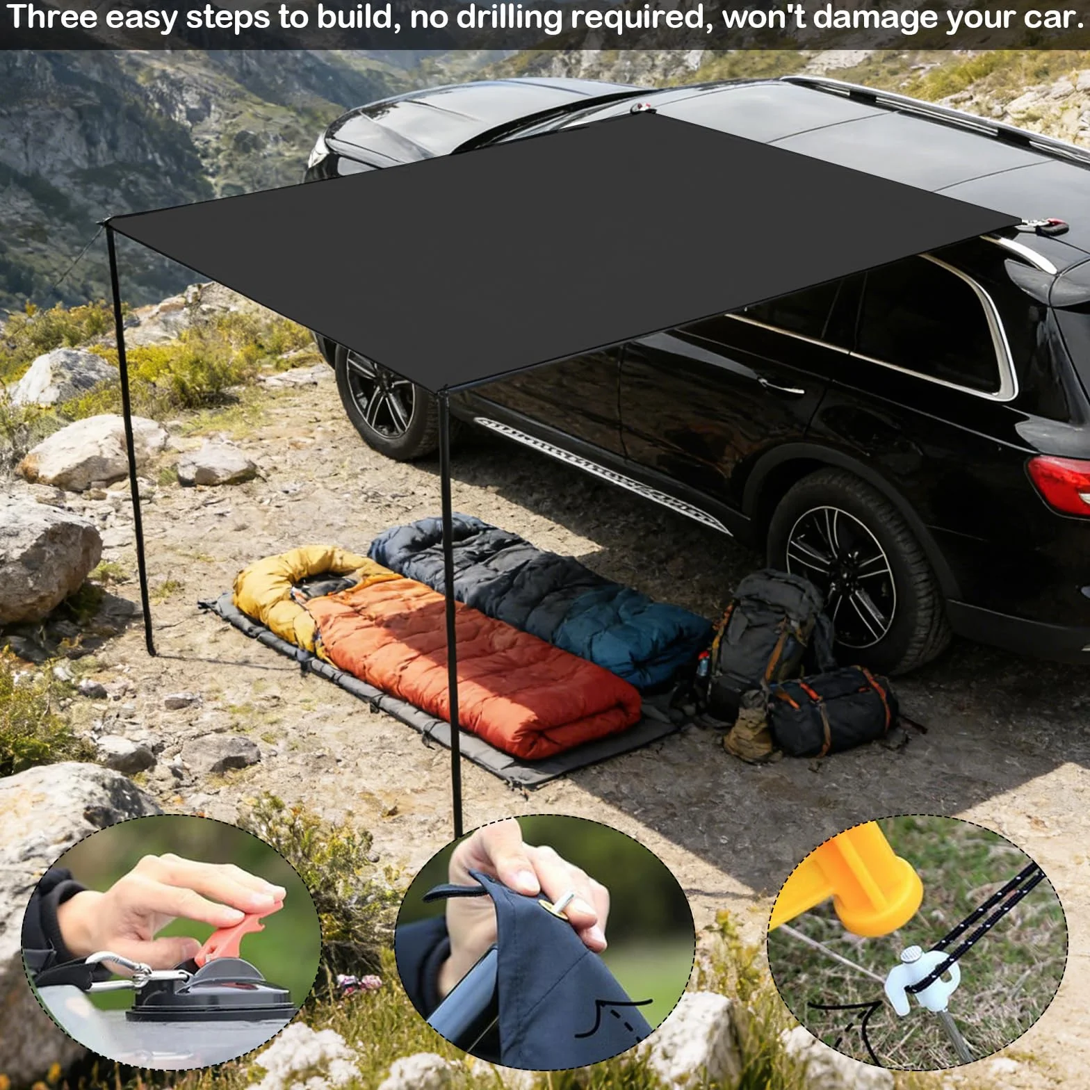 Tendalino Camper 200x300cm Impermeabile UPF50+ PU3000 con Pali Corde Picchetti Ventose Borsa Stoccaggio Trasporto