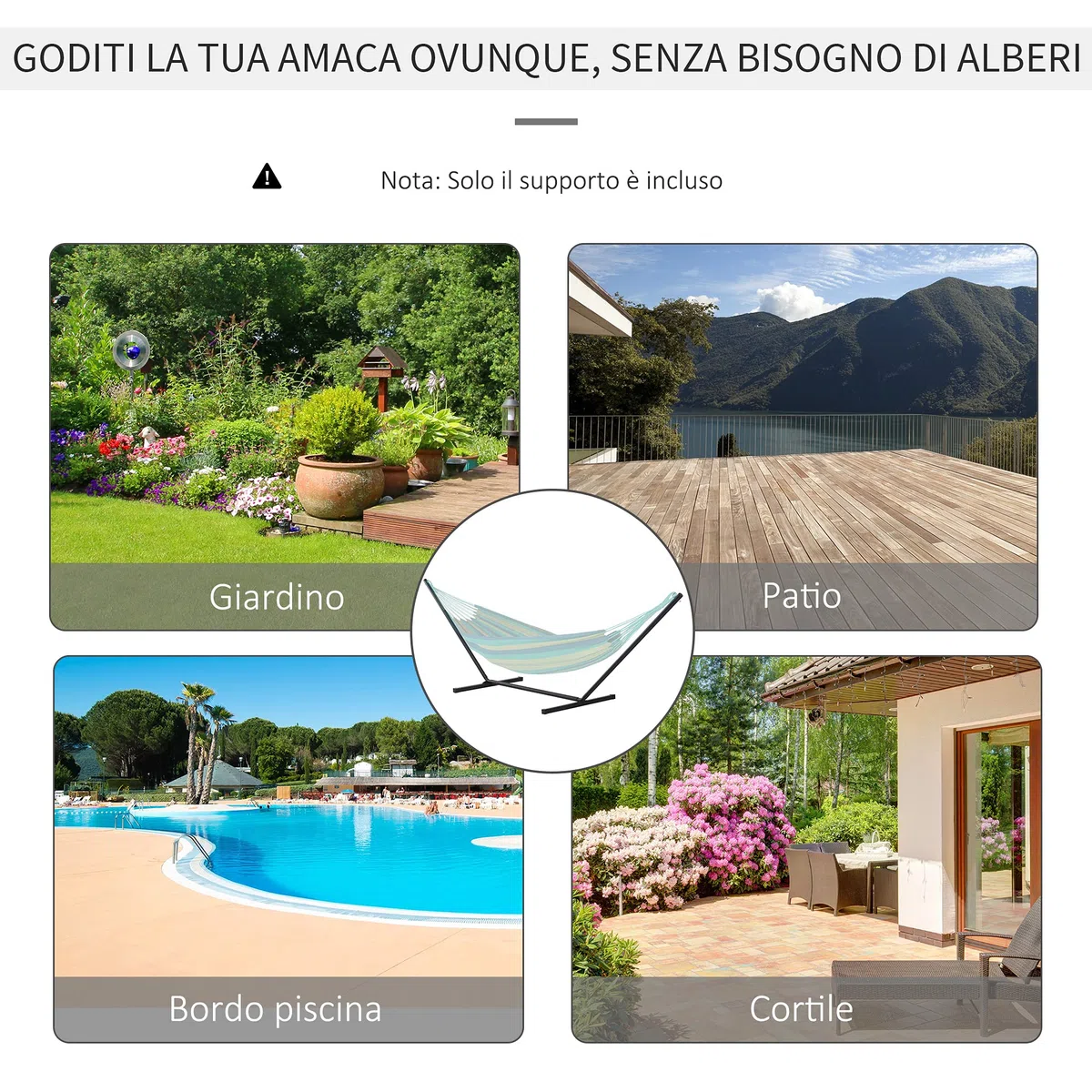 Outsunny Supporto per Amaca 330-360 cm per Interno ed Esterno con Bordi in Gomma, Sostegno per Amaca in Metallo, 360x92x112 cm, Nero