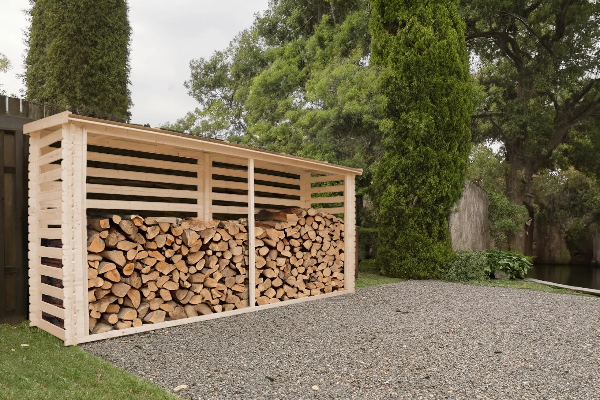 TIMBELA Legnaia da Esterno in Legno - Portalegna da Esterno - Casetta da Giardino in Legno - Porta Legna per Esterno 112x450xA199 cm/10 m3 M203