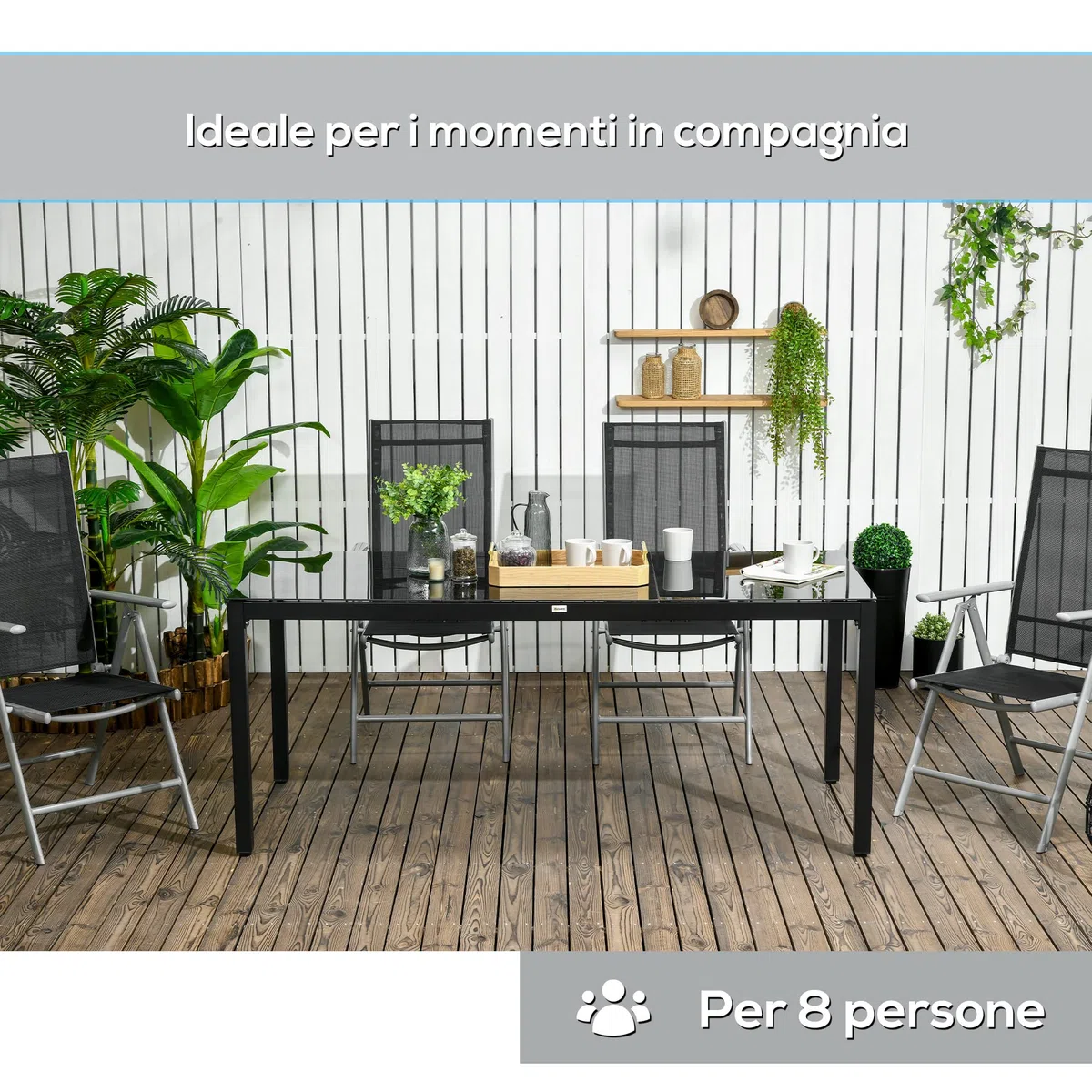 Outsunny Tavolo da Giardino Rettangolare per 8 Persone in Alluminio e Vetro Temperato, 180x80x72cm, Nero