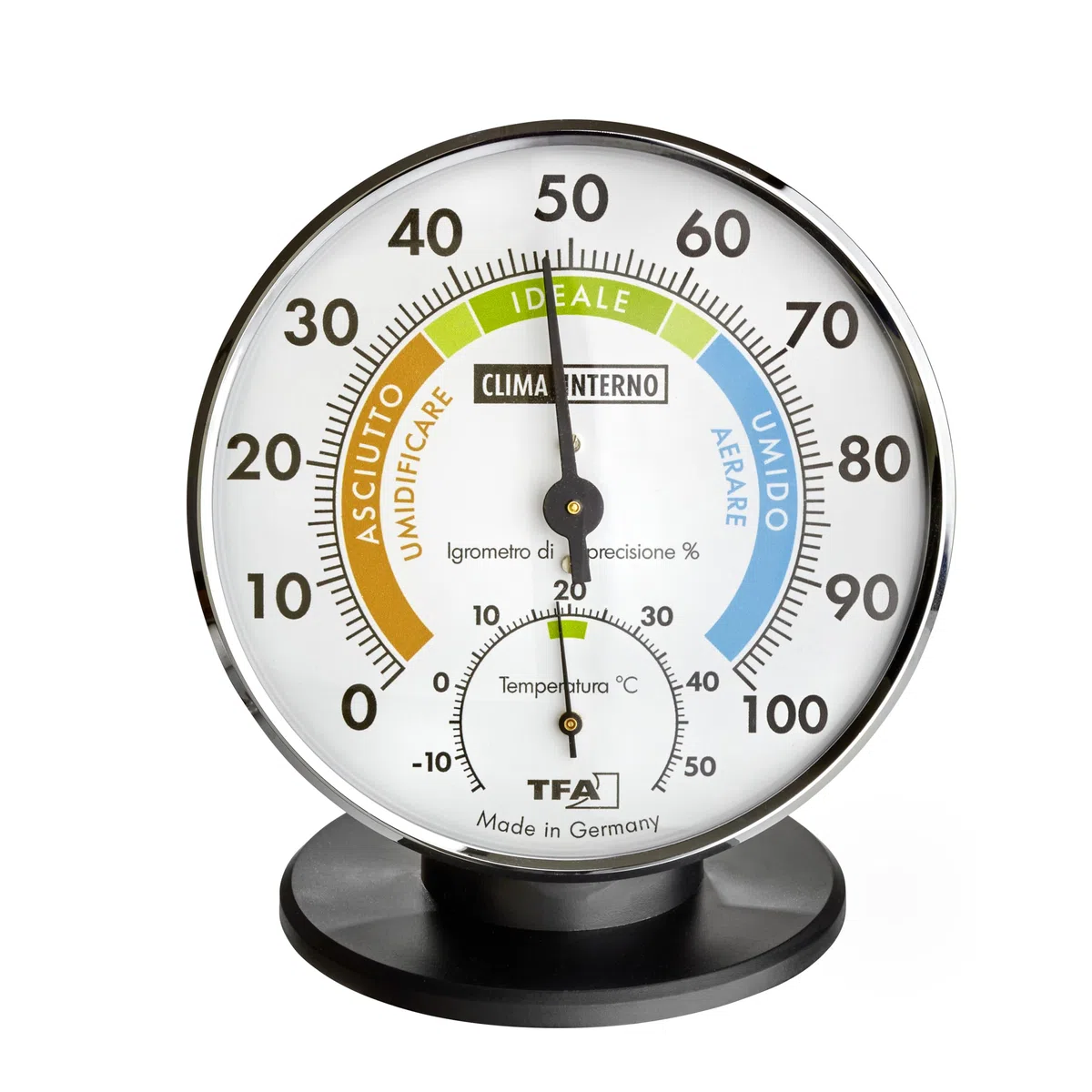 TFA Dostmann Termometro Igrometro di precisione, 45.2033.IT, Termoigrometro per la climatizzazione ambienti interni, scala analogica italiana, con zone di comfort, controllo di temperatura e umidità