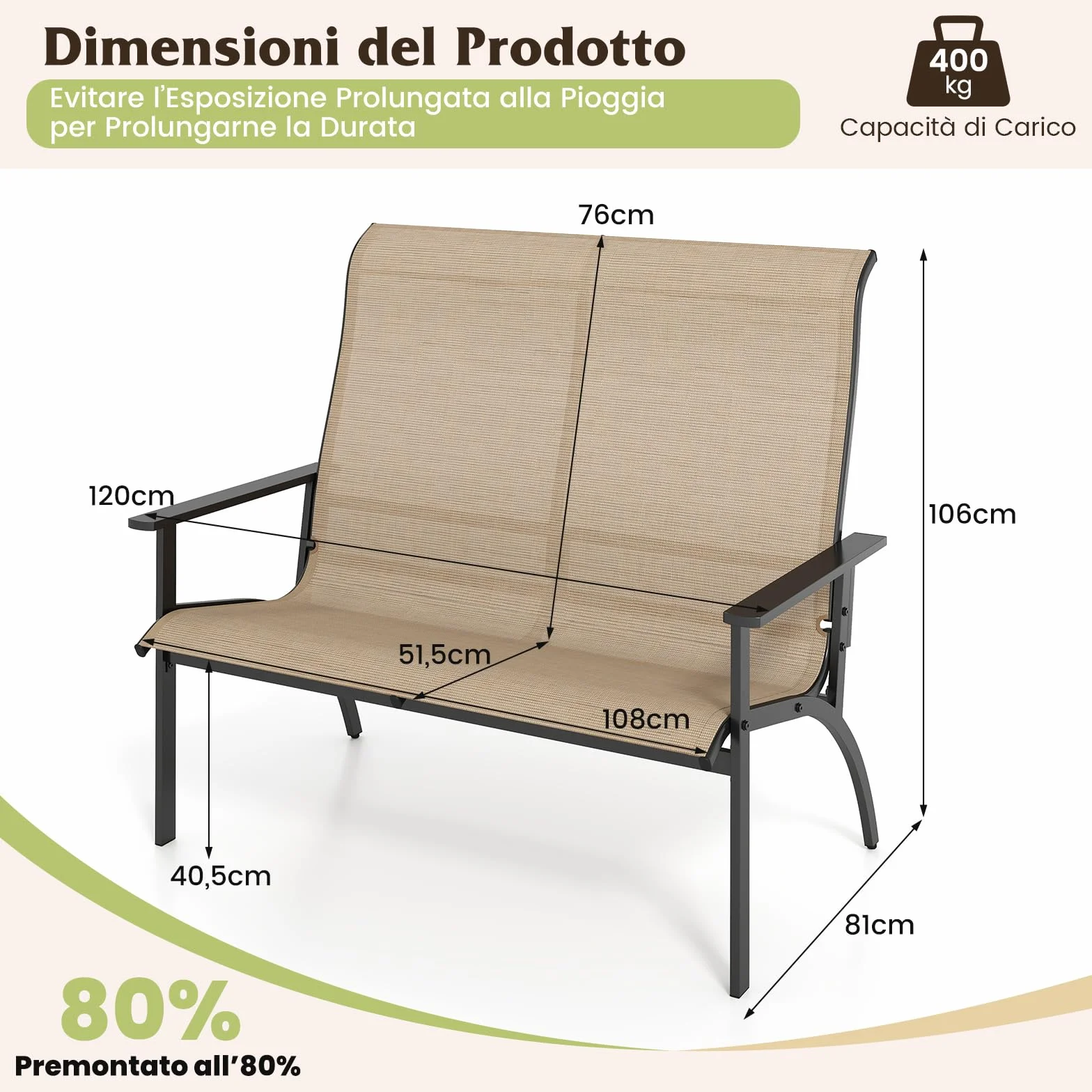 COSTWAY Sedia Esterno a 2 Posti, Panca da Giardino con Schienale Alto e Braccioli, Poltrona da Giardino a 2 Persone, per Terrazzo Patio Cortile, Portata 400 kg