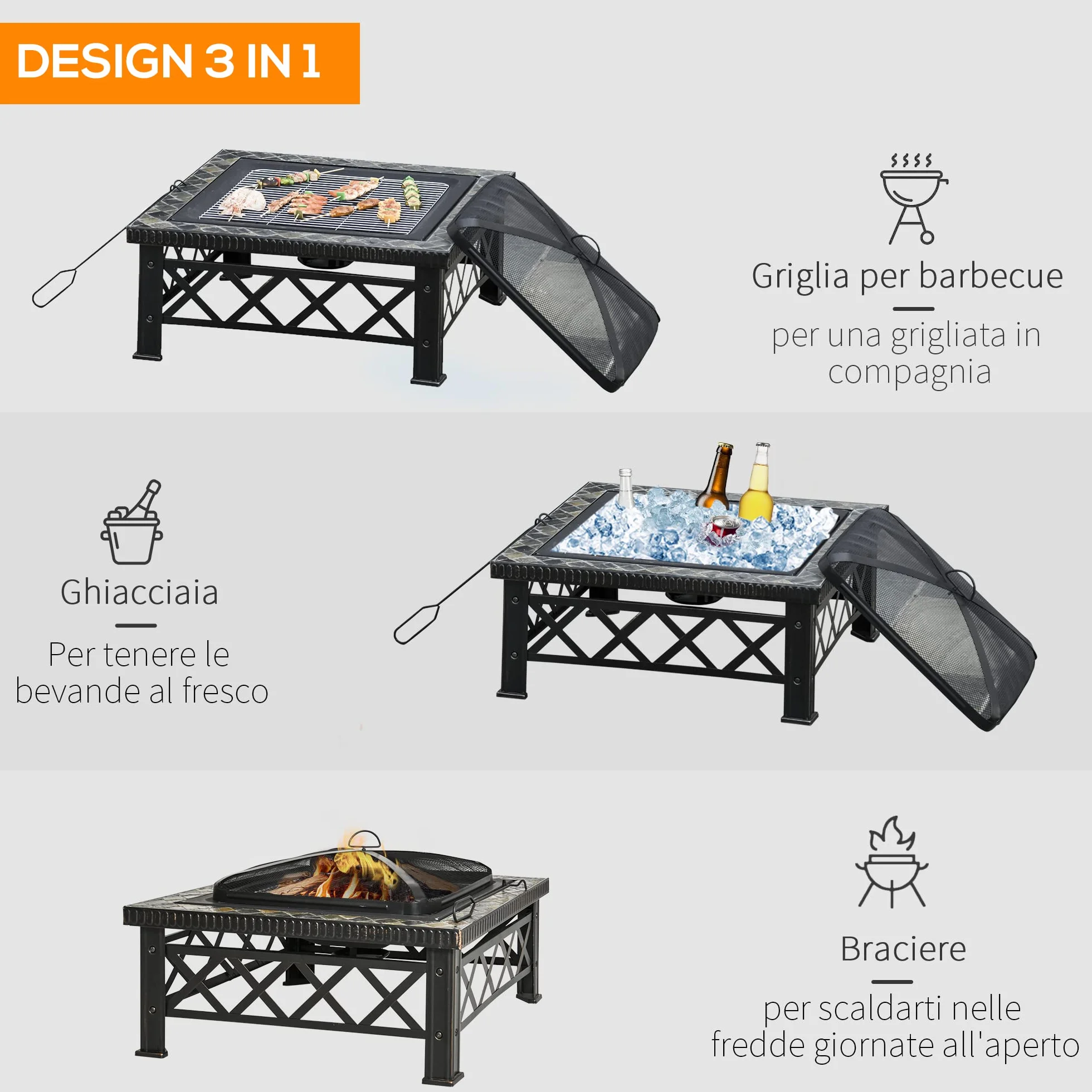 Outsunny Braciere da Giardino 76x76x47cm Nero con Coperchio Parascintille e Griglia per Barbecue