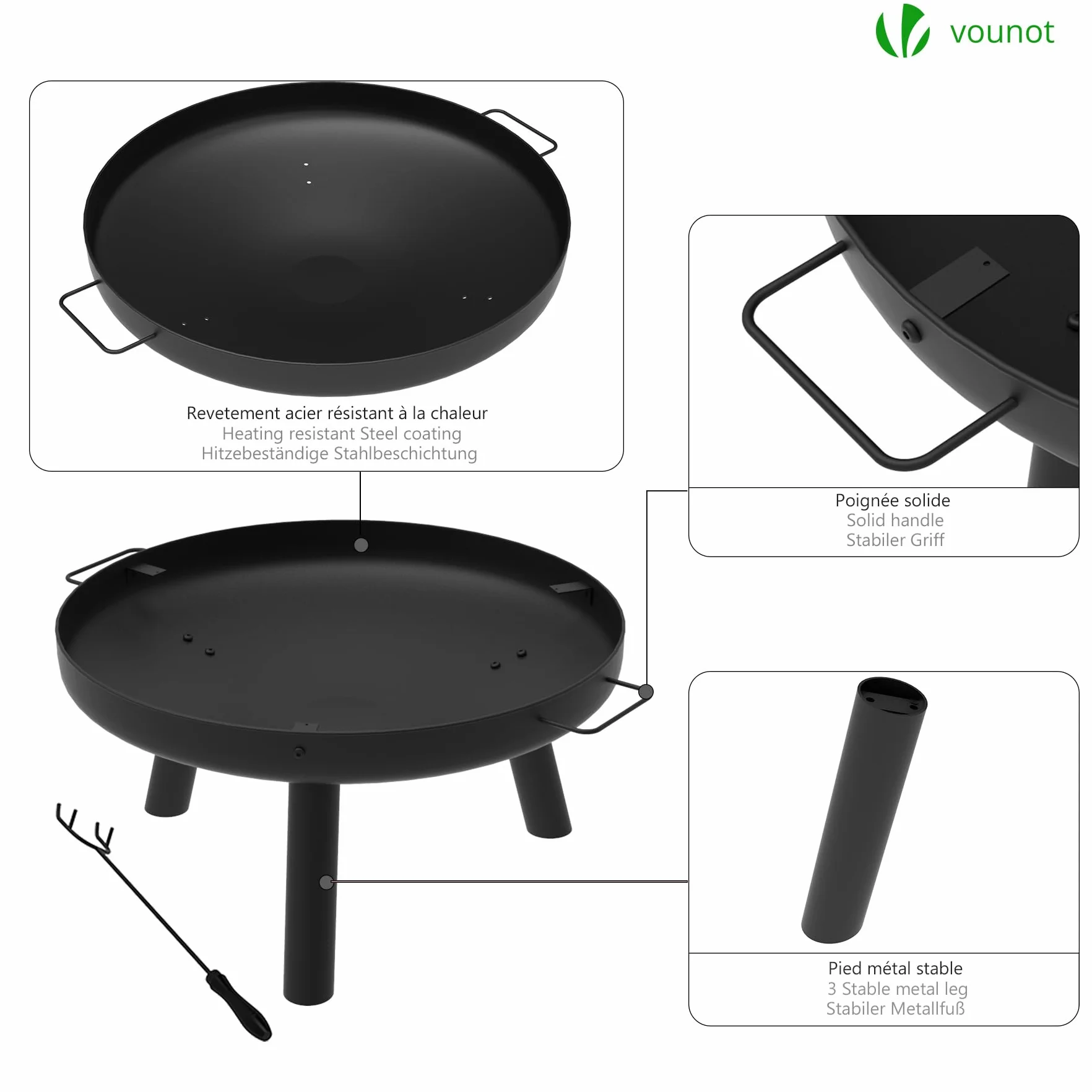VOUNOT Braciere da Giardino Ø60 cm Metallo con Griglia e Attizzatoio, Rotondo a Legna, Nero