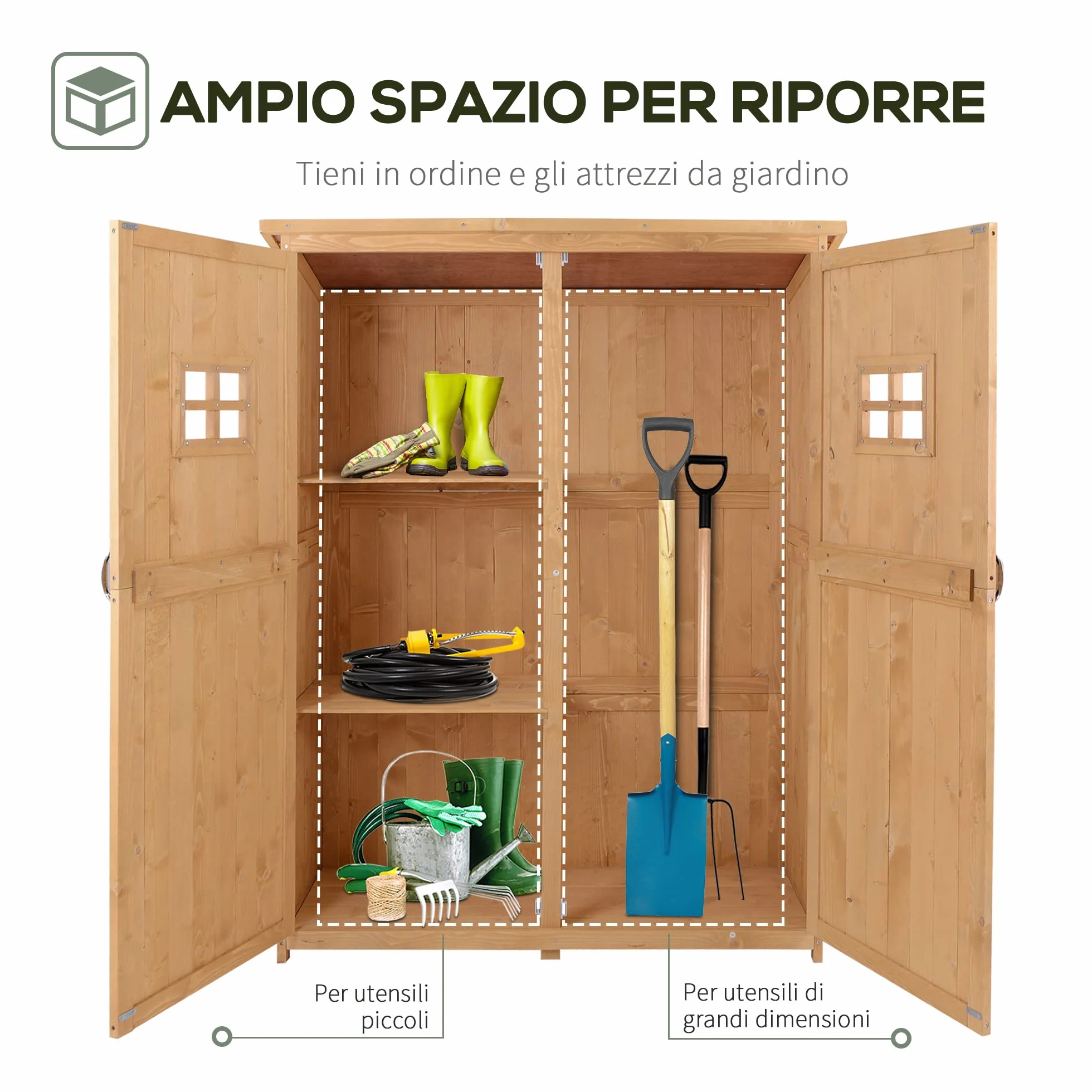 Outsunny Casetta da Giardino in Legno di Abete con Porta Doppia, Capanno Attrezzi con Mensole e Finestre, 127.5x50x164cm