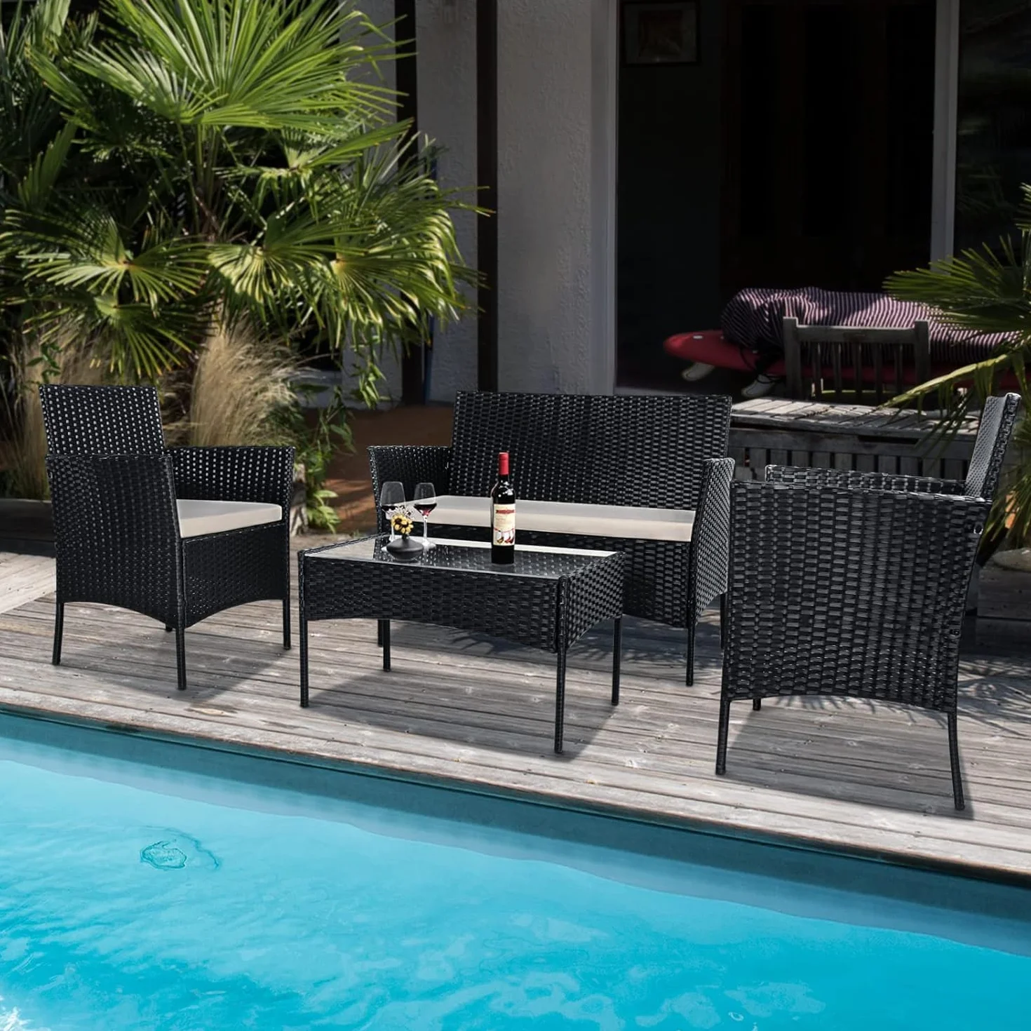 Bigzzia Set da Giardino in Rattan 4 Pezzi Mobili in Vimini Nero