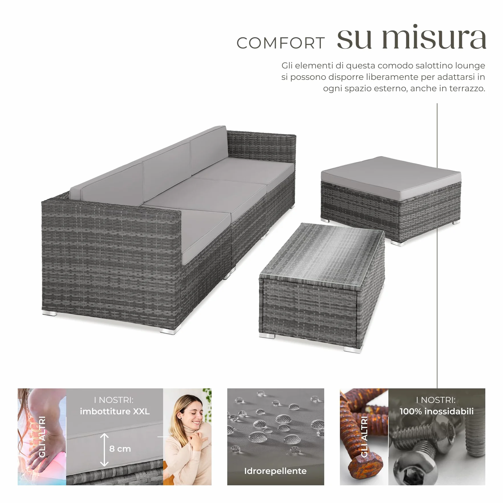 Tectake Salottino in Rattan Firenze Set Giardino 3 Poltrone 1 Pouf Tavolo Cuscini 8cm Grigio