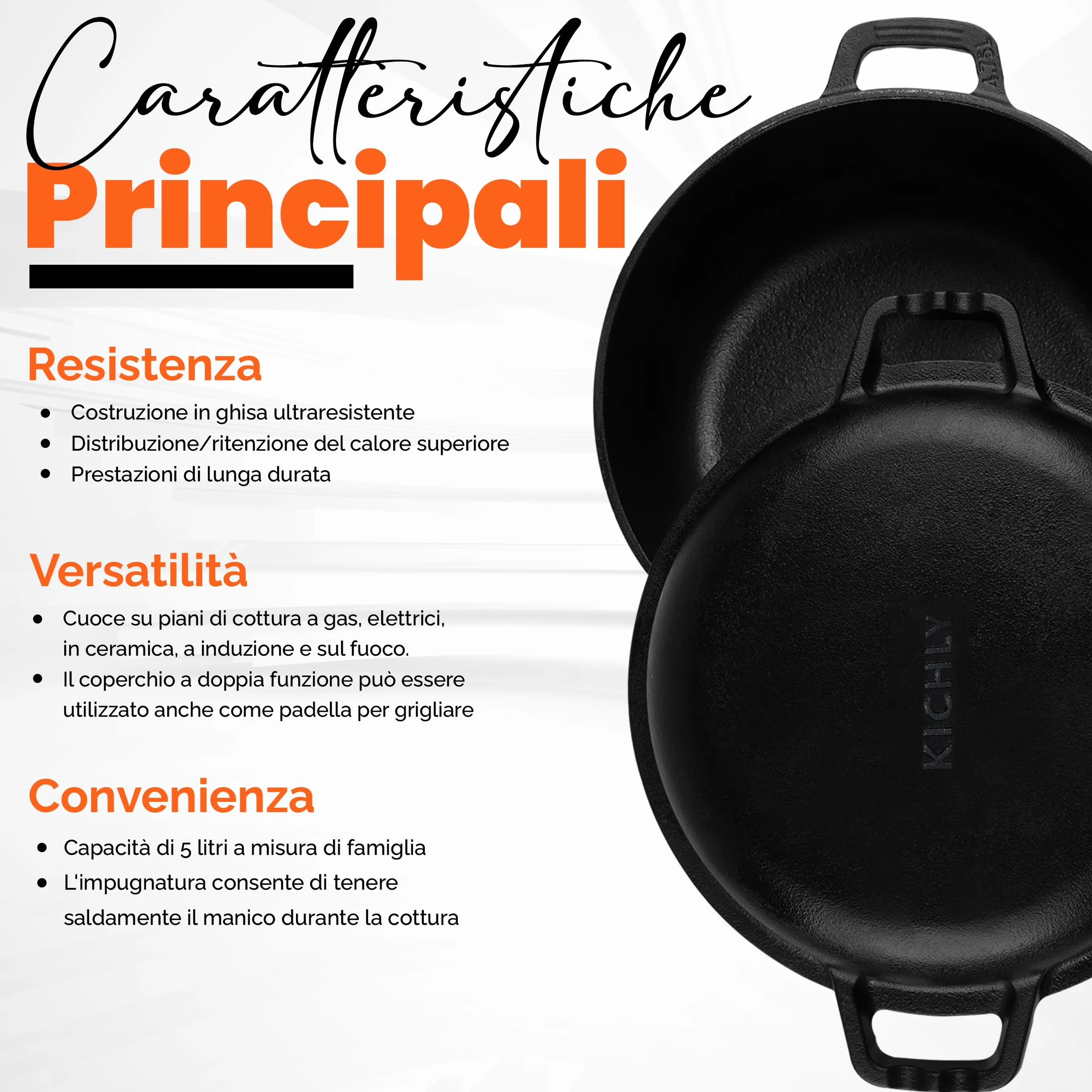 Kichly 2 in 1 Forno Olandese In Ghisa Pre-Stagionato Con Coperchio/Griglia A Doppia funzione - Cuocere Al Forno Friggere Arrostire Stufare E Grigliare - Cucina Interna Ed Esterna, EU1411