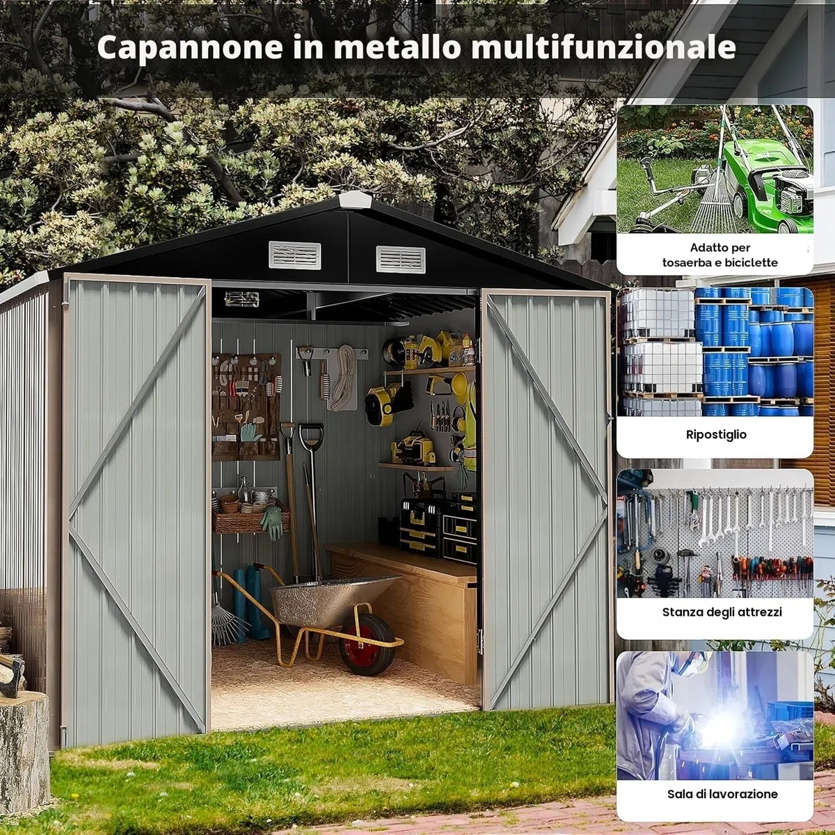 GVDV Casetta da Giardino in Metallo 236 × 171 × 197 cm, Armadio da Esterno Impermeabile con Serratura e Sistema di Ventilazione per Biciclette, Utensili e Tosaerba – per Giardino, Terrazza e Cortile
