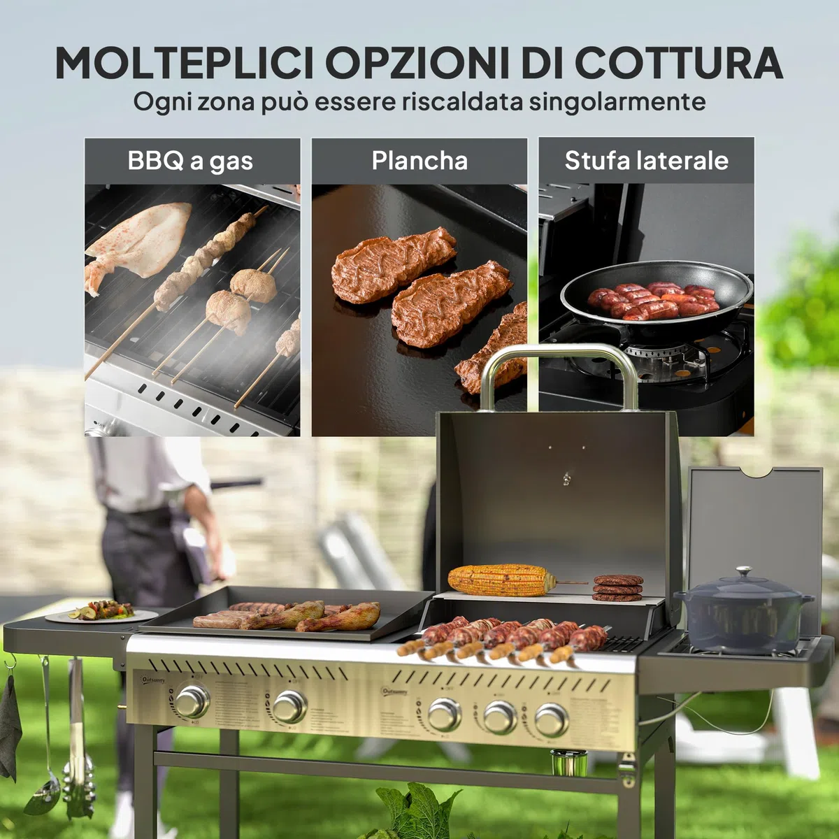 Outsunny Grill Gazowy 4+1 Palniki 12kW z Termometrem, Stal, Czarny Srebrny