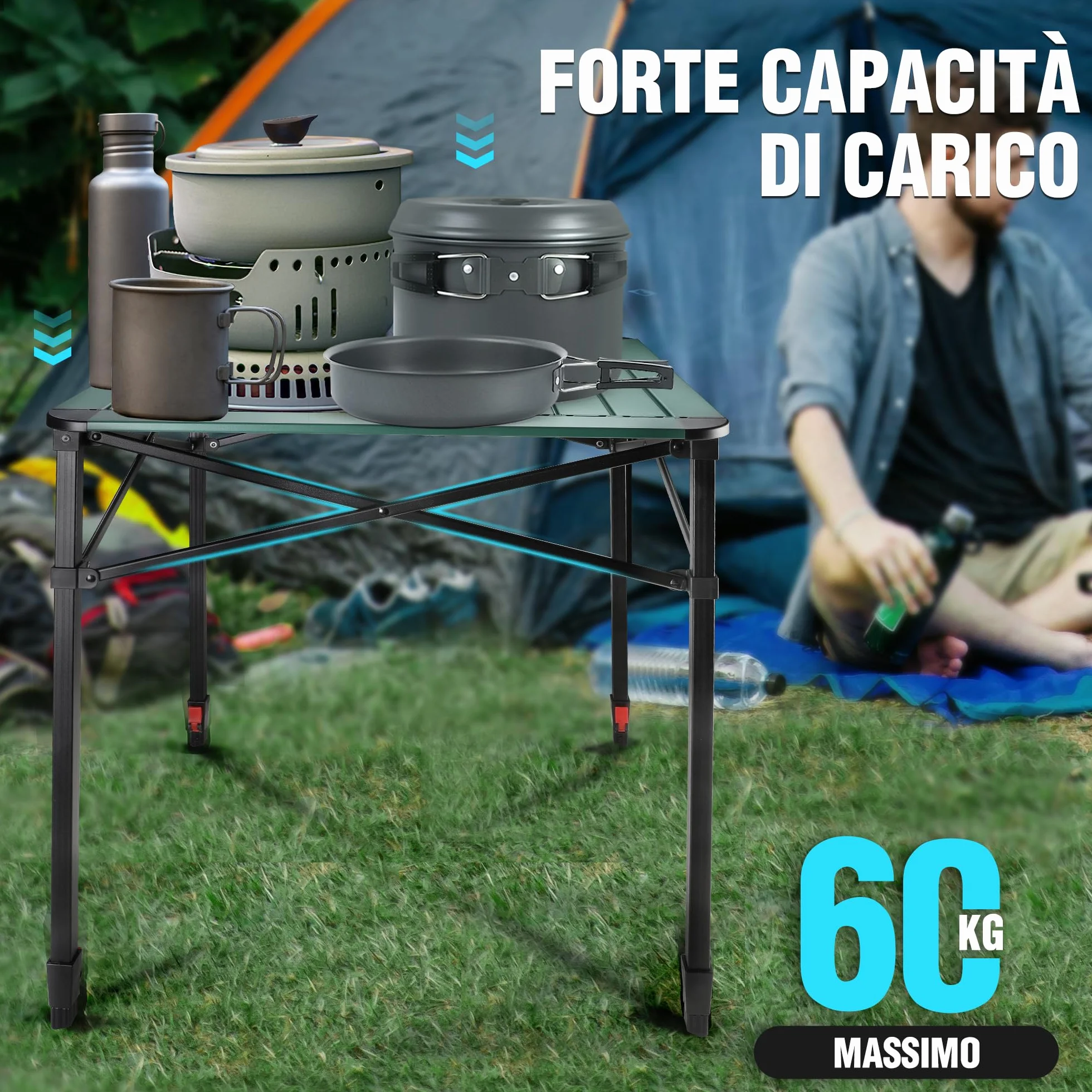 VILLEY Tavolo Pieghevole in Alluminio 70x70x78 cm con Borsa da Trasporto per Campeggio Picnic Giardino