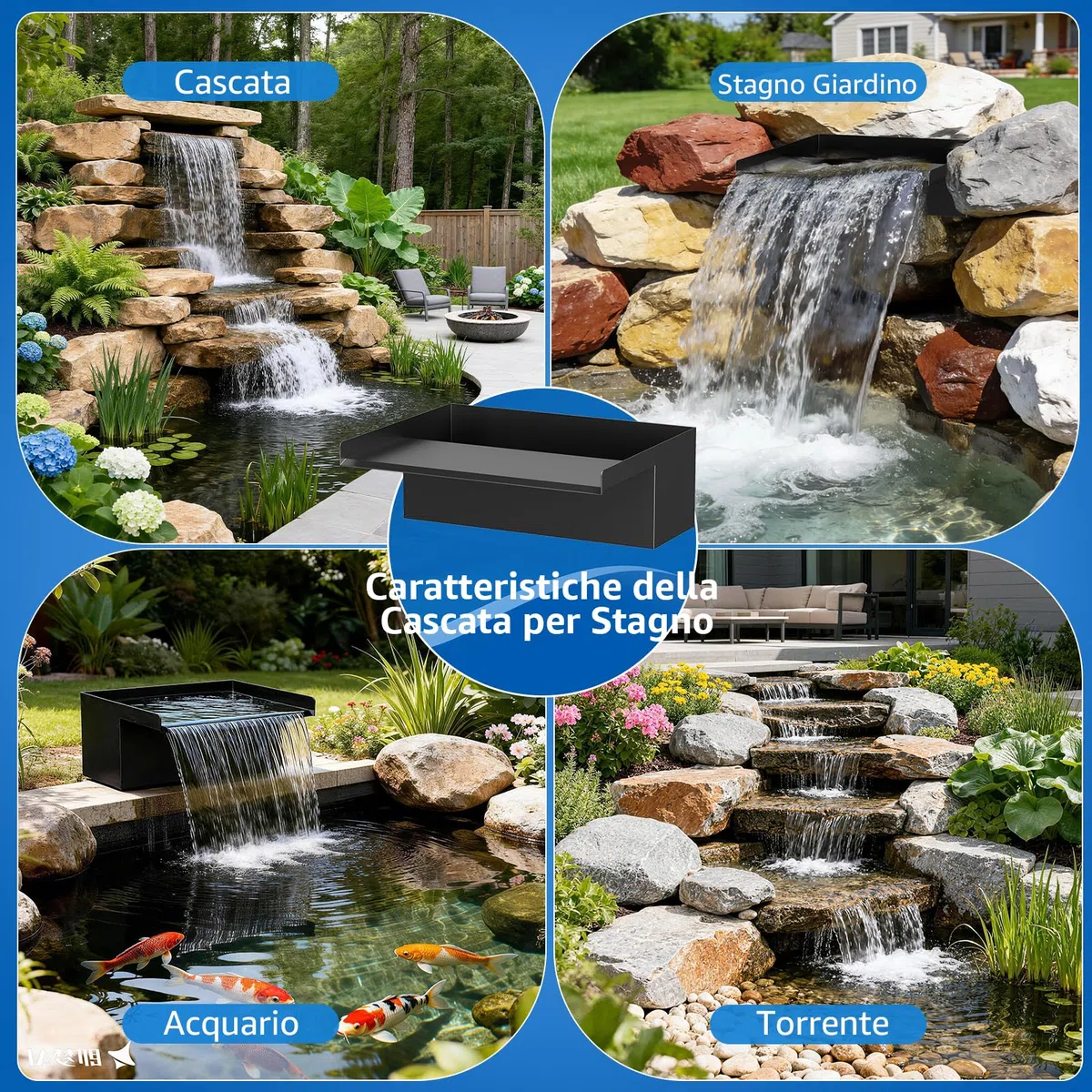 Kit Cascata per Laghetto Esterno 30 cm: Versatore Cascata in Acciaio Inox 304 con Pompa 2500 L/h, Tubo Antigelo 4 m e Cavo 4 m – Set Completo per Fontana a Cascata per Giardino e Piscina