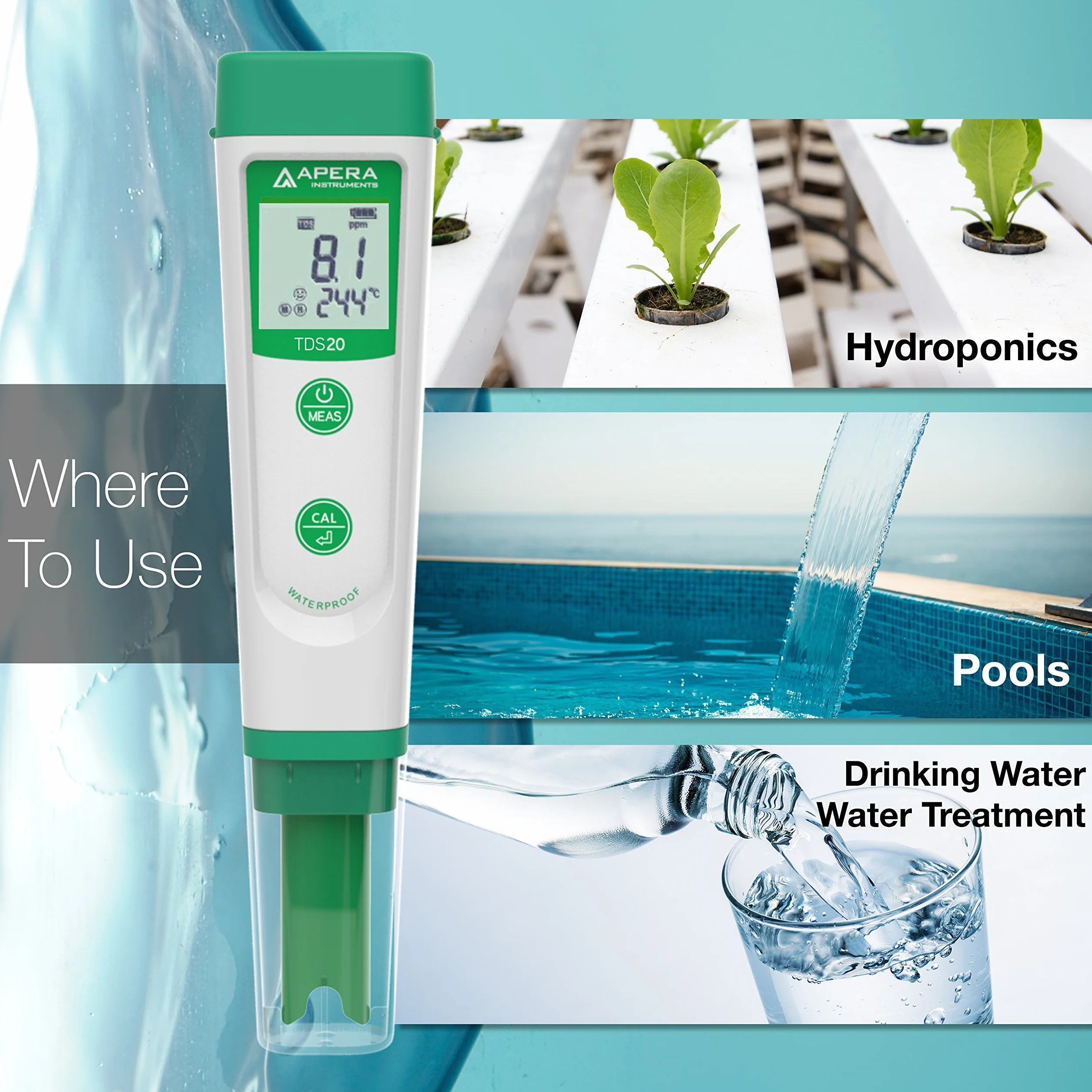 Apera Instruments TDS20 Misuratore TDS Digitale, Impermeabile con Display Temperatura, ATC, Precisione 1% ±0.5°C