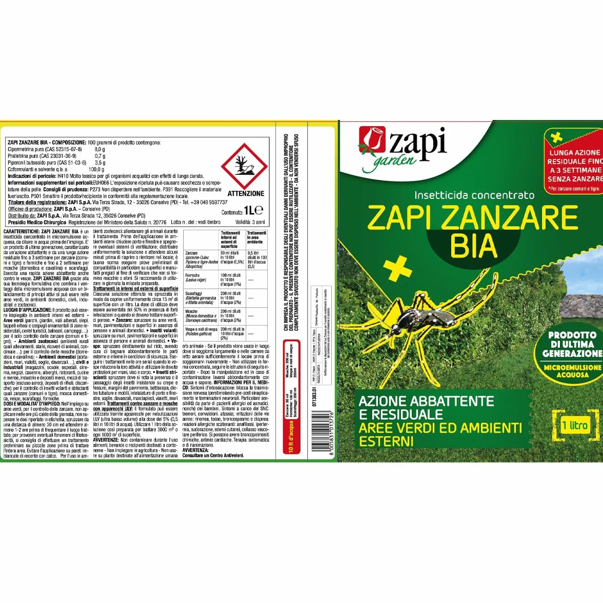 Zapi Garden Bia Verde Insetticida per Zanzare Concentrato 1 Litro