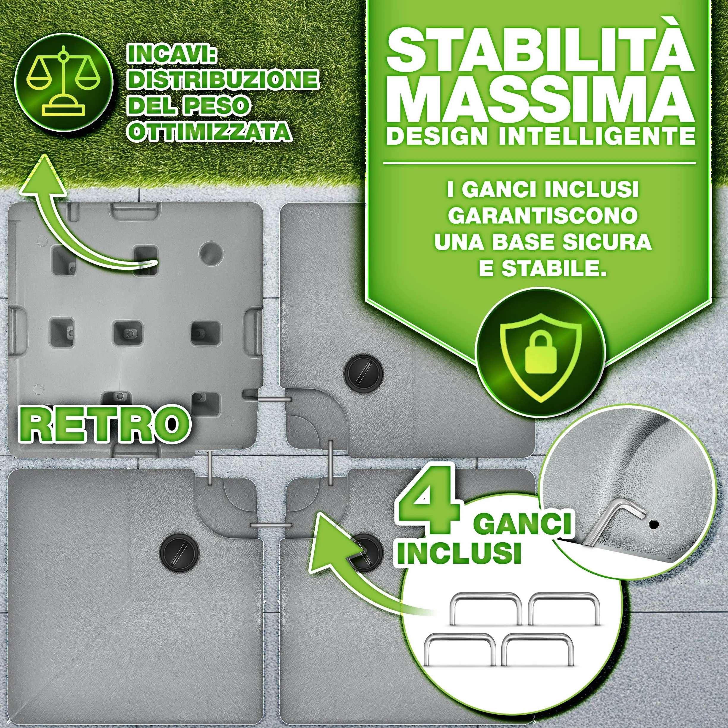 tillvex® Base per Ombrellone 90 Litri / 120 kg – 4 Pezzi per Ombrellone Decentrato con Connettore Metallico | Porta Ombrelloni Riempibile con Acqua o Sabbia | Supporto Ombrellone (Grigio)