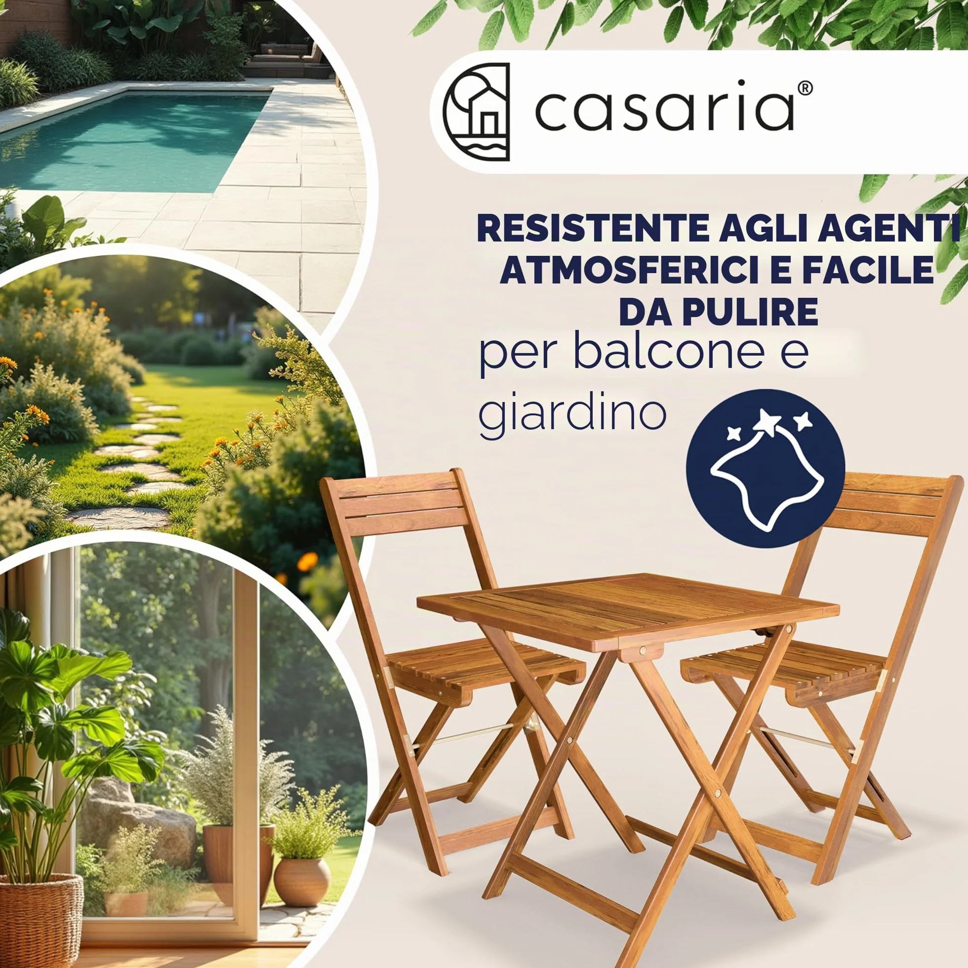 Casaria Set da Balcone Tavolo e 2 Sedie in Legno di Acacia Pieghevole 3 Pezzi