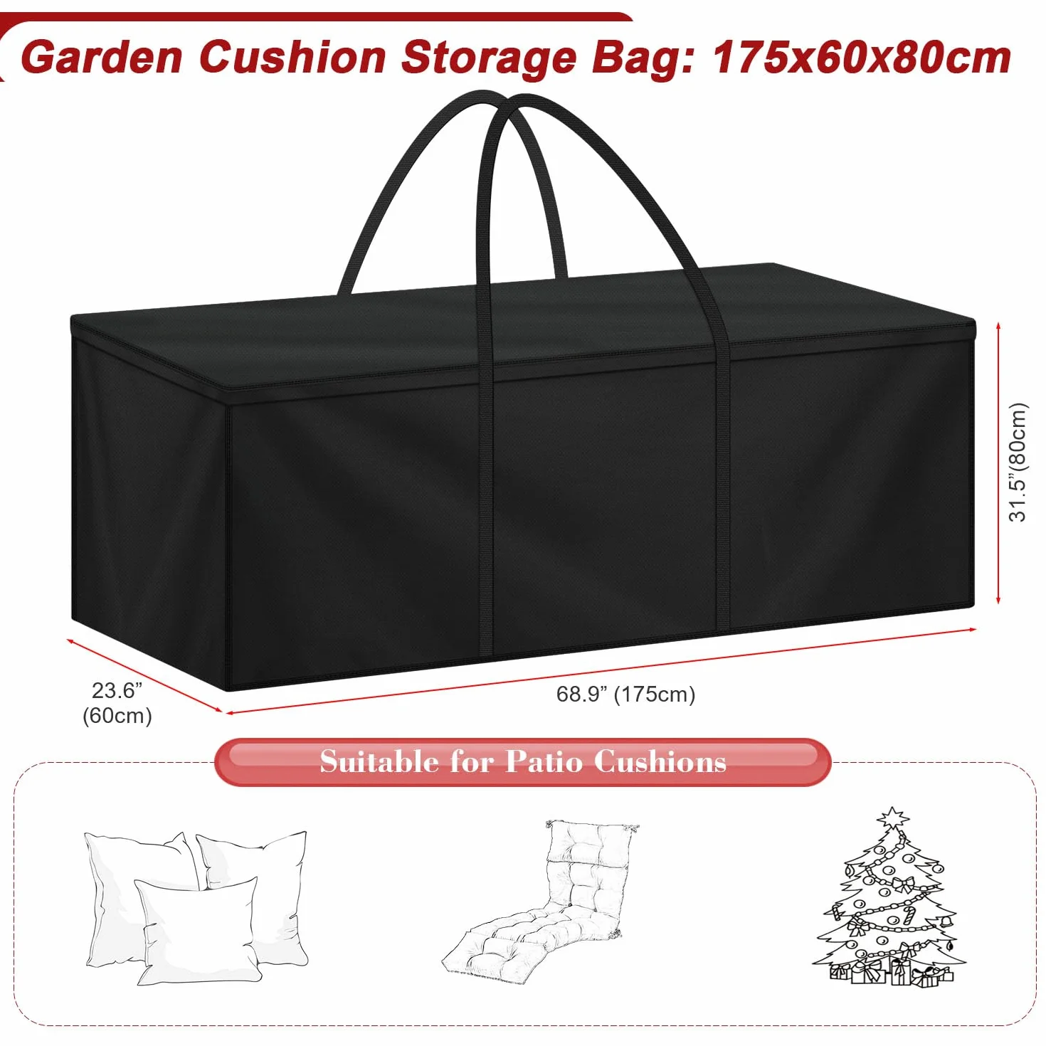 LAMUNI Borsa da Giardino, Grande Borse di stoccaggio per Esterni, Borsa per Cuscini da Giardino, Custodia per Albero di Natale, Borse per Cuscino Letto con Maniglie, Impermeabile, 175x60x80cm