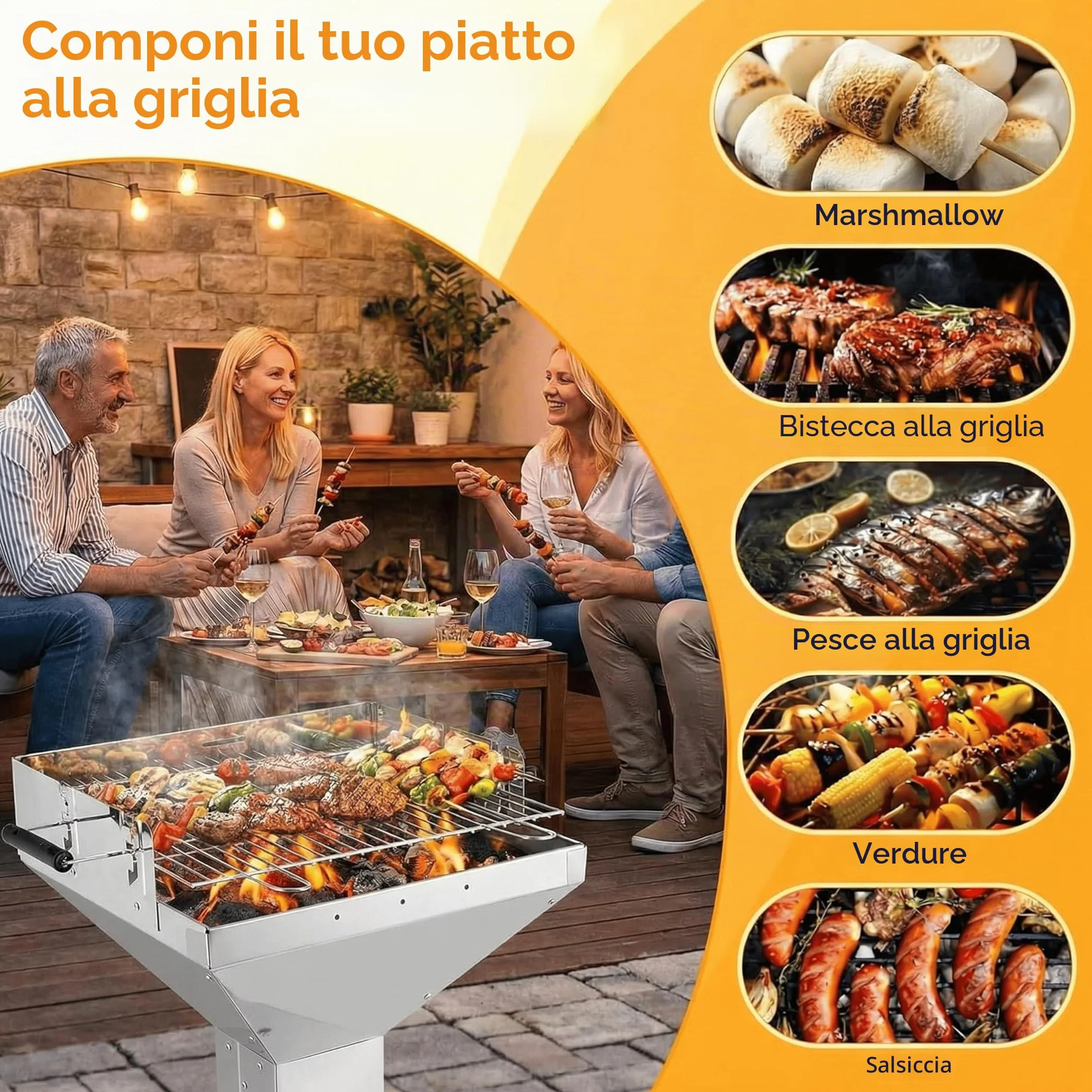 TLGREEN Barbecue a colonna in acciaio inox 63x48x92cm con griglia cromata e altezza regolabile