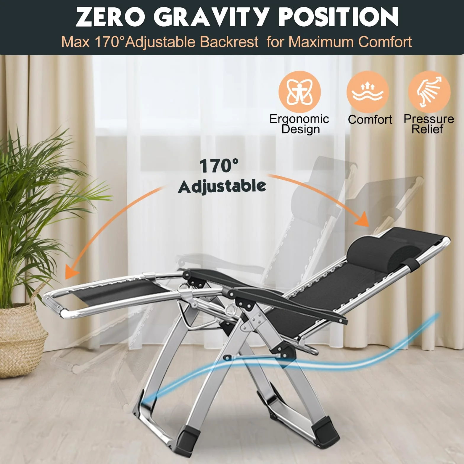 MOPHOTO Zero Gravity, sedia reclinabile pieghevole con cuscinetto e tasca laterale, portata 200 kg, perfetta per pannolini, soggiorno, balcone, giardino, patio(Grigio)