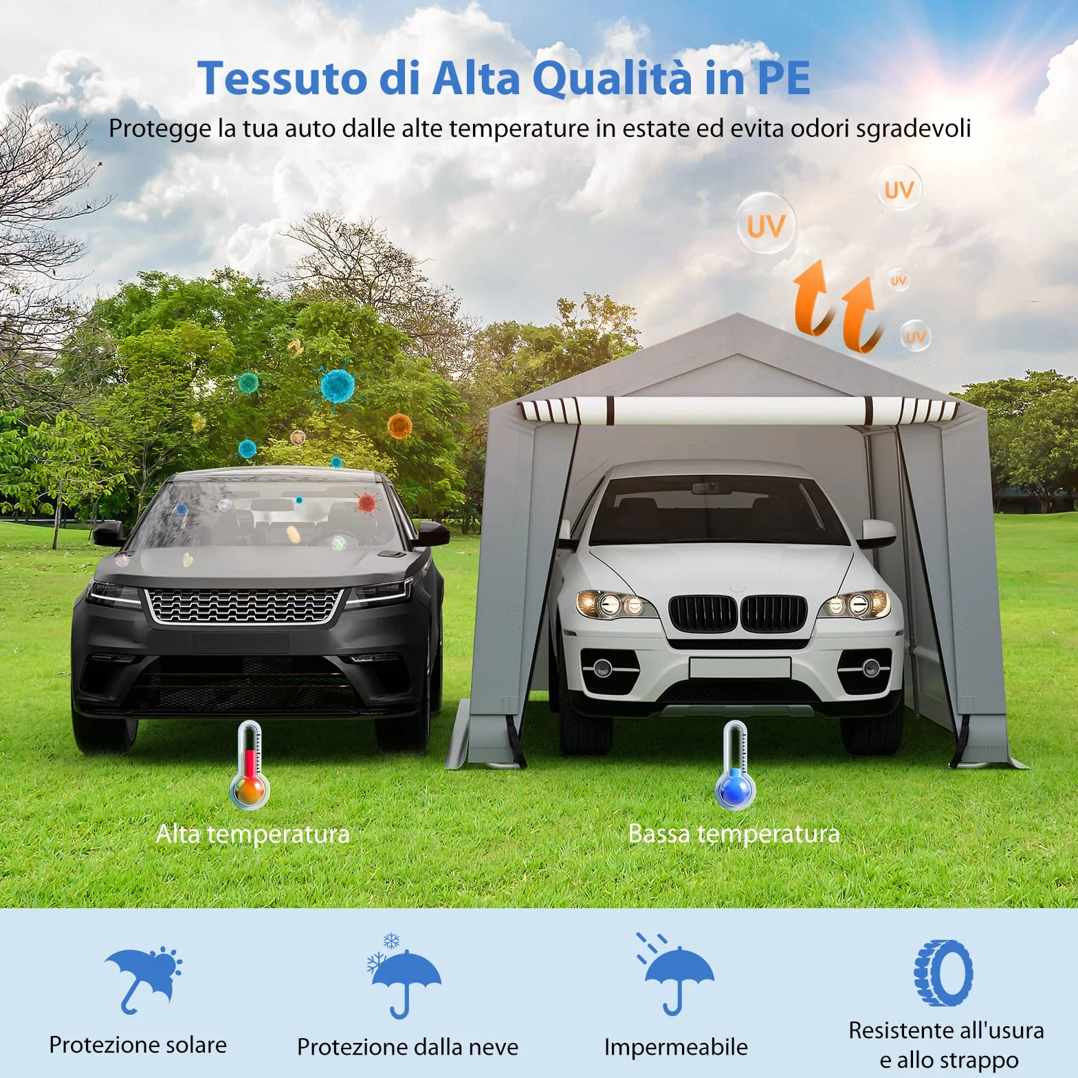 COSTWAY Tendone Garage 2,9 x 4,9 m Telaio in Acciaio Zincato Travi Triangolari Rinforzate Grigio