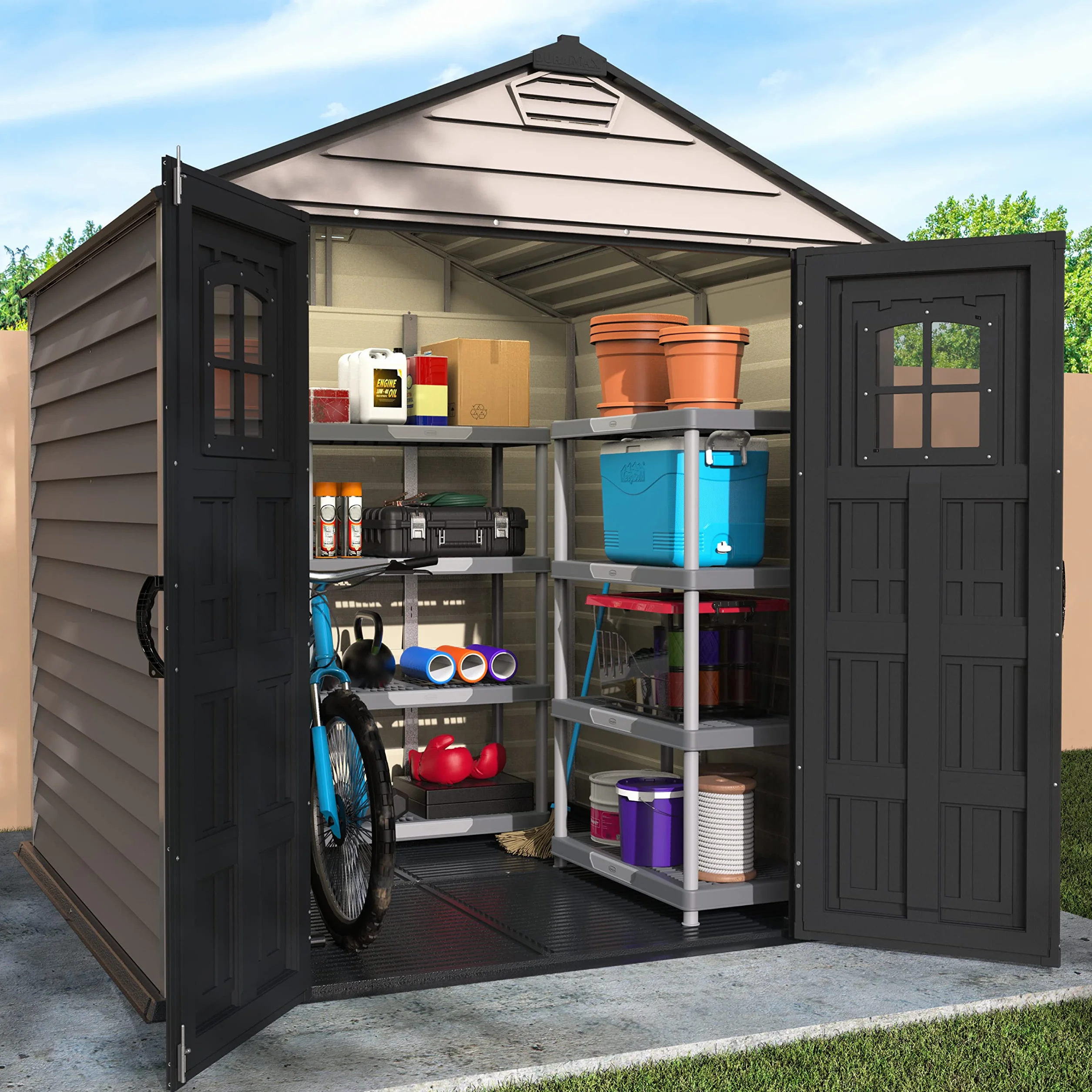 Duramax StoreMax Capanno da giardino in plastica, 7 x 7, con pavimento, e finestra fissa su porte, struttura in metallo resistente ignifugo e senza manutenzione, Grigio scuro/Adobe