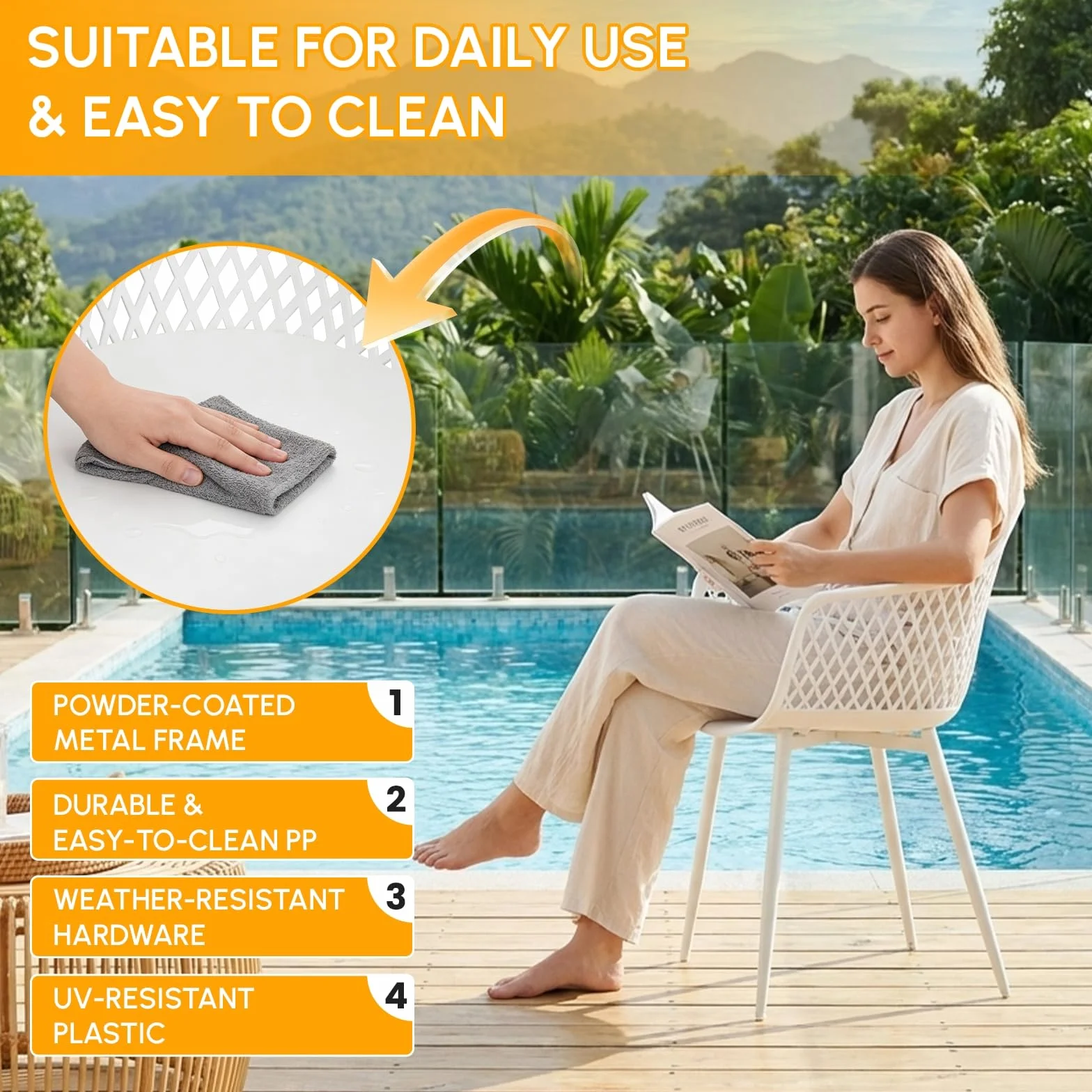 Set di 6 sedie da giardino con braccioli, resistenti fino a 120 kg, bianco