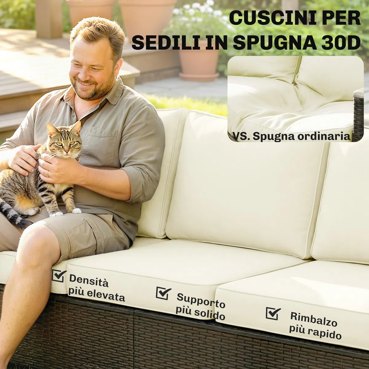Outsunny Divanetto da Esterno a 3 Posti in Rattan PE, Divano da Giardino con Braccioli Effetto Legno, Cuscini Lavabili, Struttura in Acciaio, per Terrazzo, Patio e Balcone, Veranda, Marrone e Crema