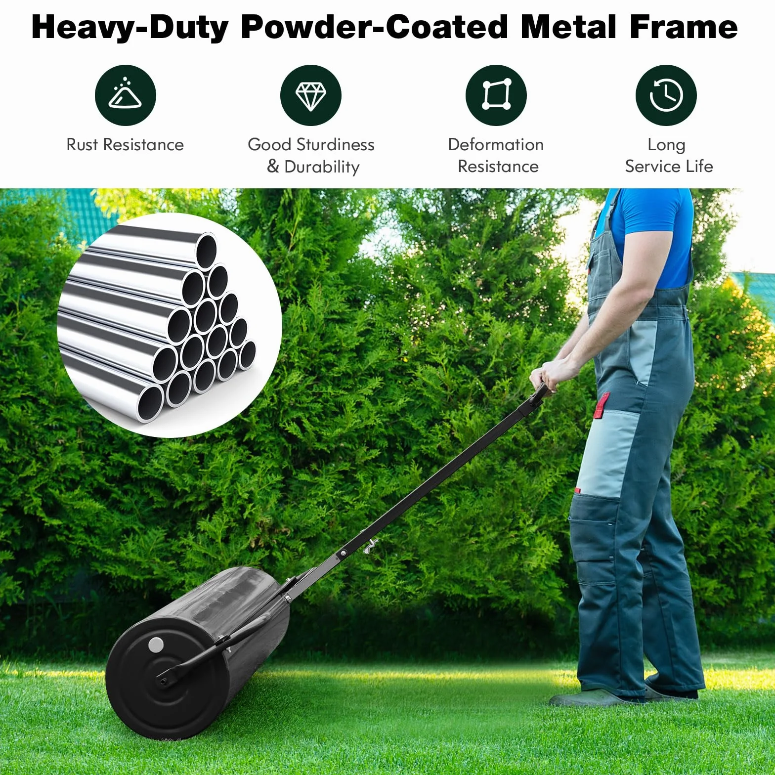 SOARS Rullo da Giardino Ø40 cm e 90 di Larghezza, Rullo da Prato in Metallo Manuale e per Trattorino, Rullo con Raschiatore Antisporco e Riempibile con Acqua/Sabbia (Nero, 113L)