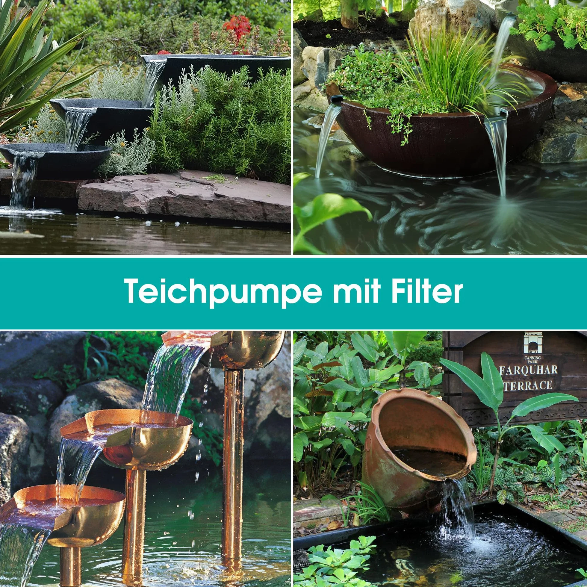 Pompa fontana solare Biling con filtro, portata 875 L/H, cavo 5 m per stagno e cascata