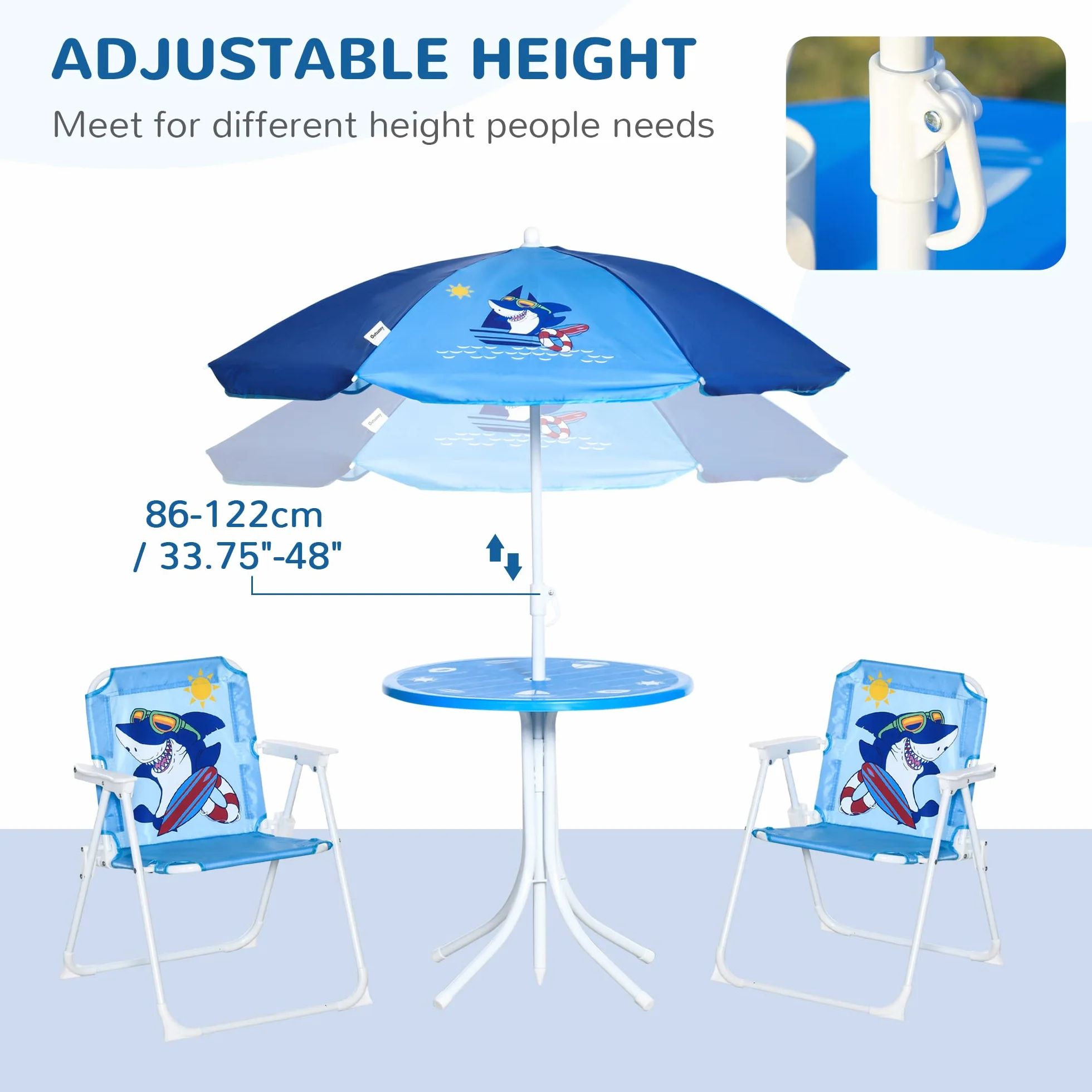 Outsunny Tavolo e Sedie per Bambini da Giardino con Ombrellone Regolabile, Set 4 Pezzi, Blu