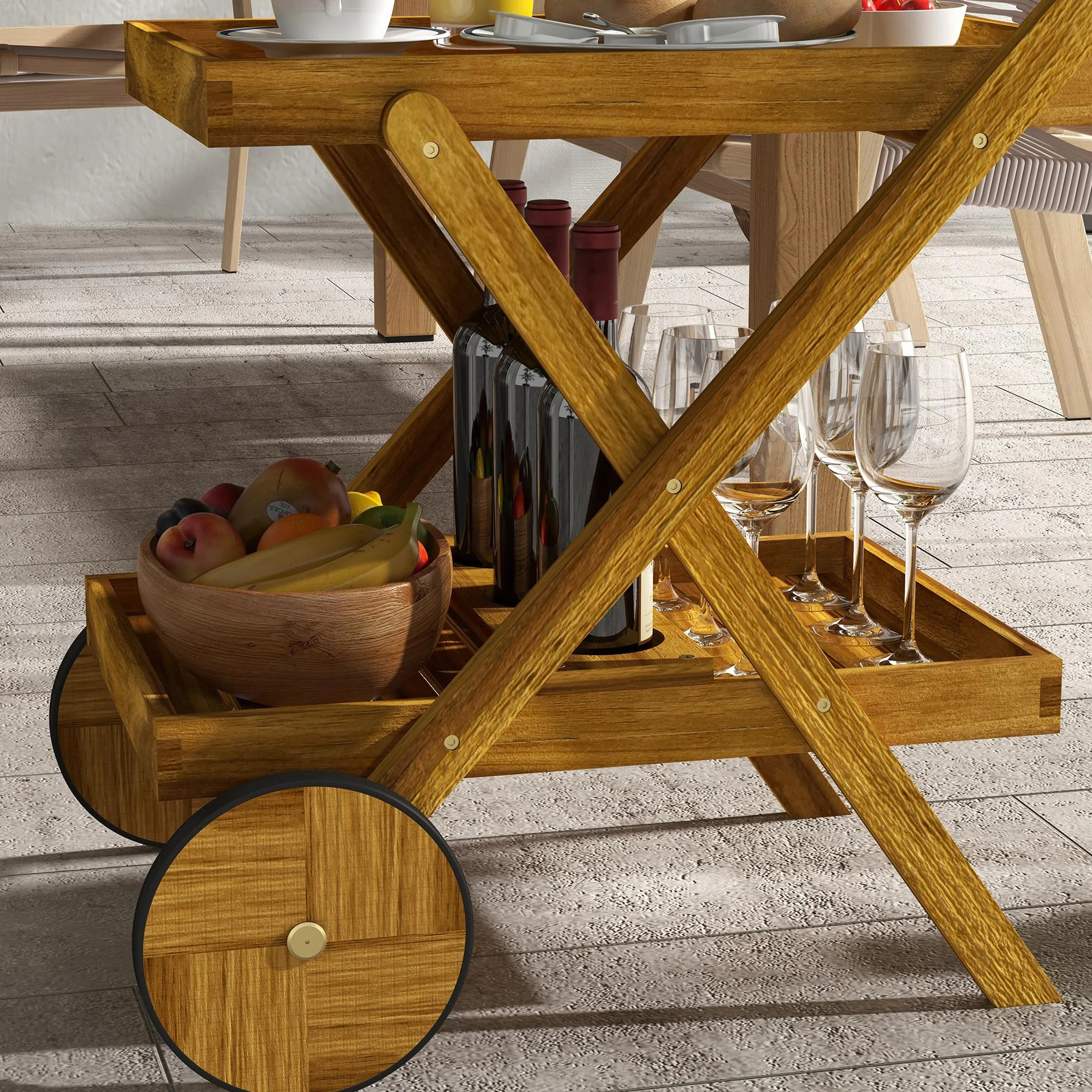 Outsunny Carrello da giardino barbecue legno 2 vassoi 52x71x74 cm