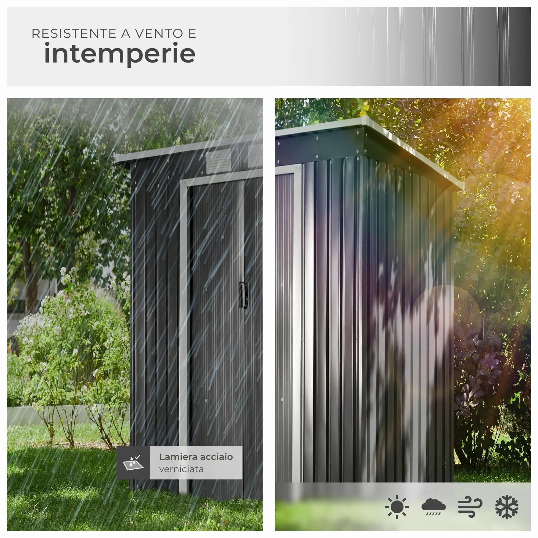 tectake® Casetta da Giardino in Lamiera, Box con Tetto Inclinato, Box da Giardino per Esterno con Porta Scorrevole, Lamiera in Acciaio, Fondamenta in Metallo - Grigio/Bianco