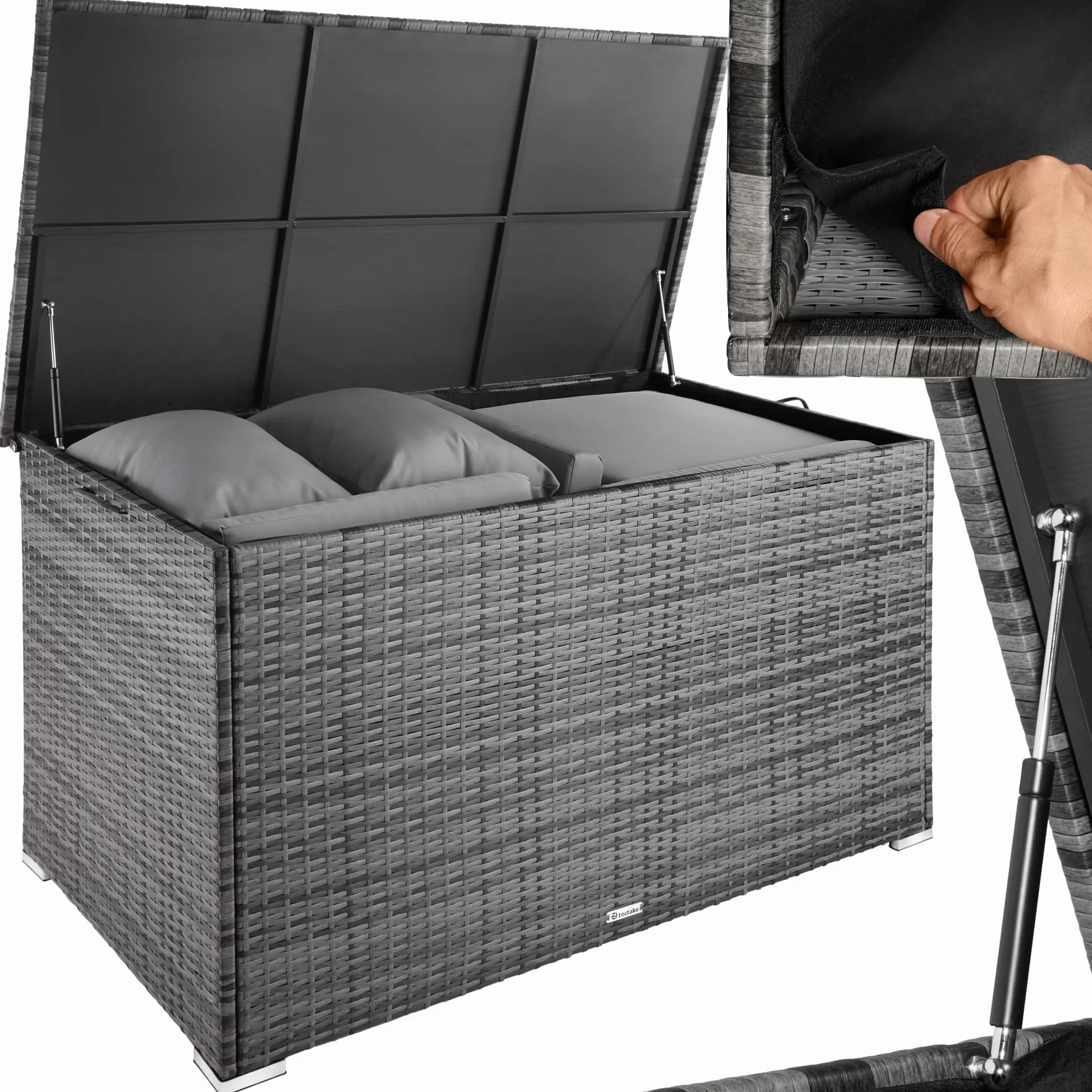 tectake Box Contenitore da Esterno 750L, Mobile da Giardino in Polyrattan e Alluminio, 145 x 82,5 x 79,5 cm - Grigio