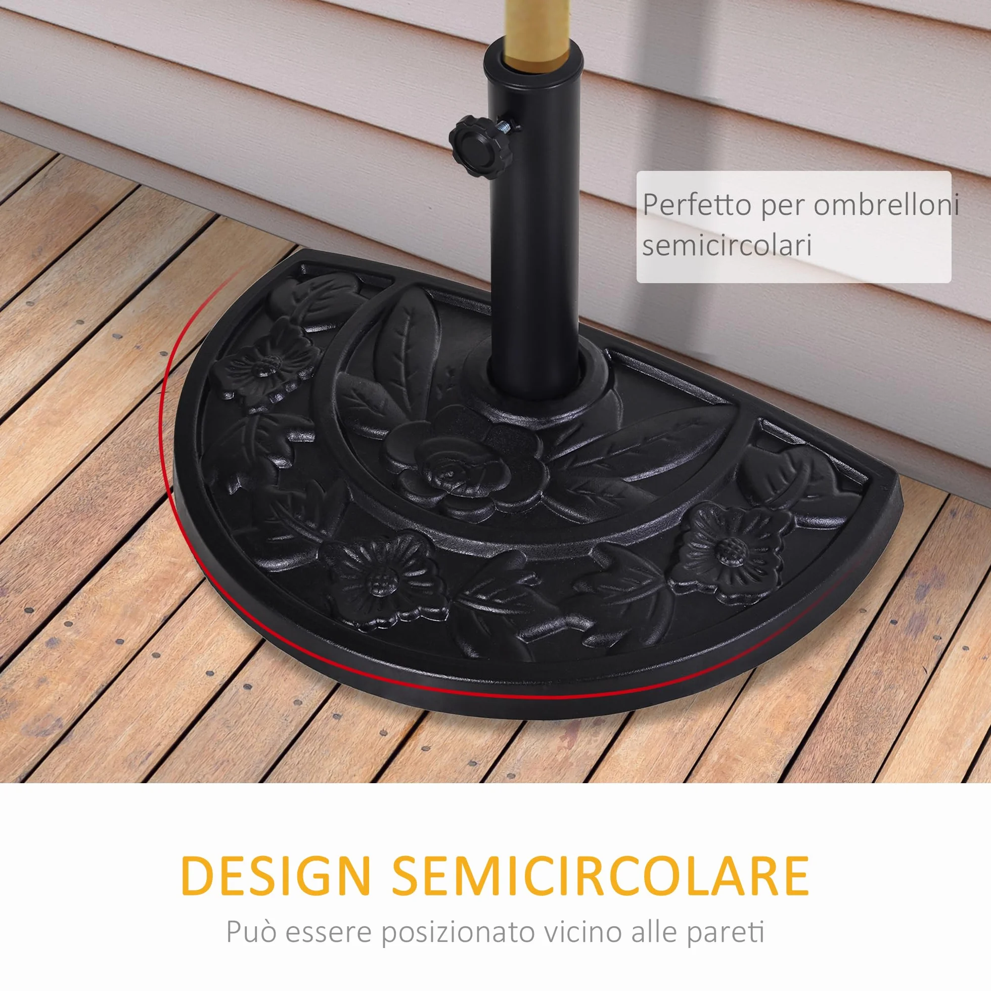 Outsunny Base per Ombrellone a Mezzaluna da Ø38 mm e Ø48 mm con Manovella, Basamento per Ombrellone in Resina, Base Ombrellone a Parete 50x31x32 cm, Nero