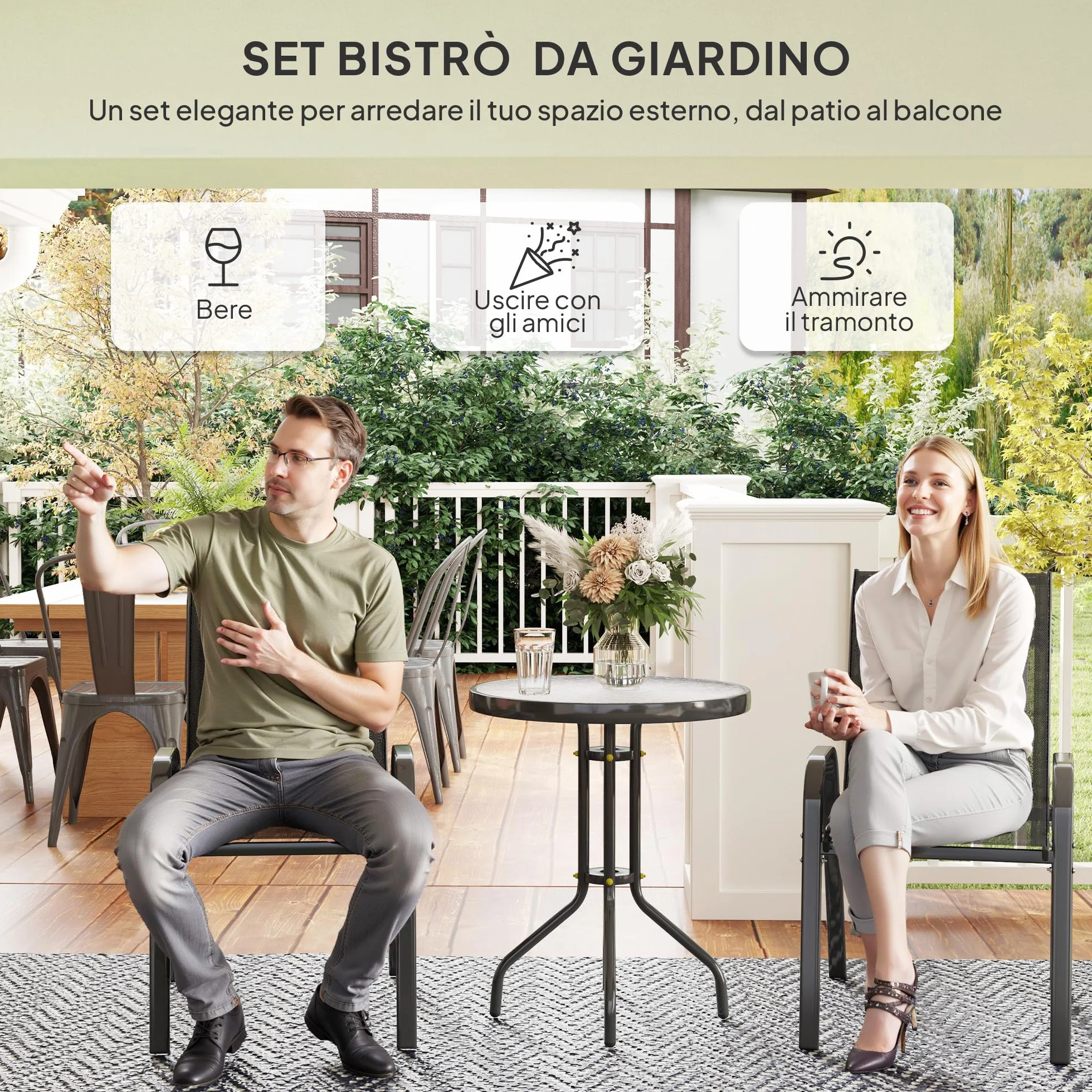 Outsunny Set da Bistro 3 Pezzi con Sedie Impilabili e Tavolino Rotondo in Acciaio e Vetro, Nero