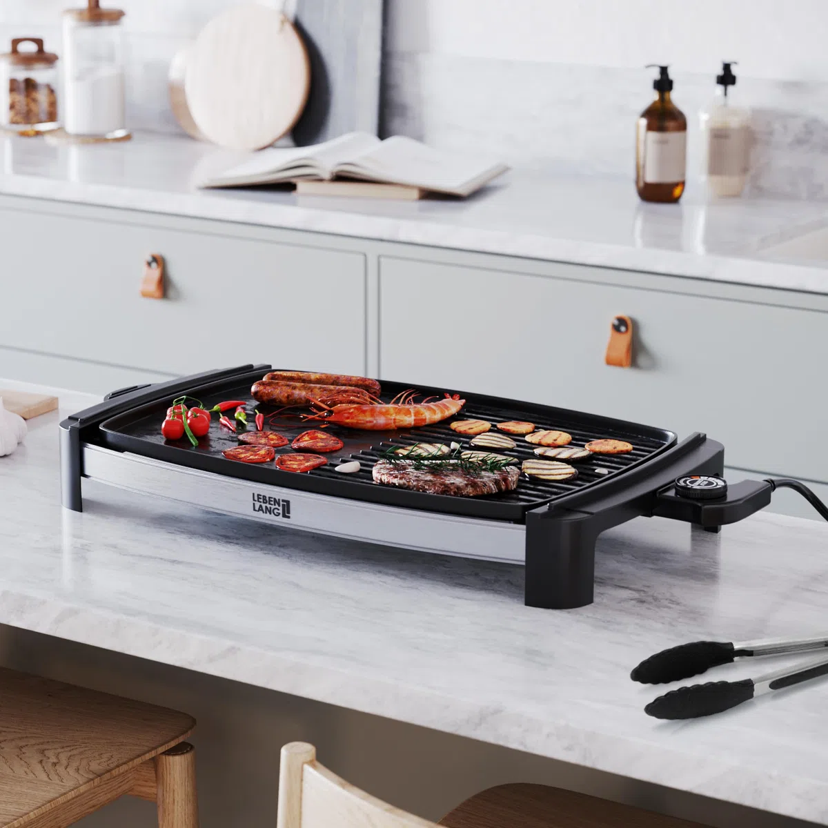 LEBENLANG Griglia Elettrica XXL 2000W - Incl. Pinze Per Barbecue I 45x30cm I Per Uso Interno & Esterno I Bistecchiera Barbecue Grande Grill Elettrico Piastra Per Grigliare Senza Fumo BBQ Da Balcone