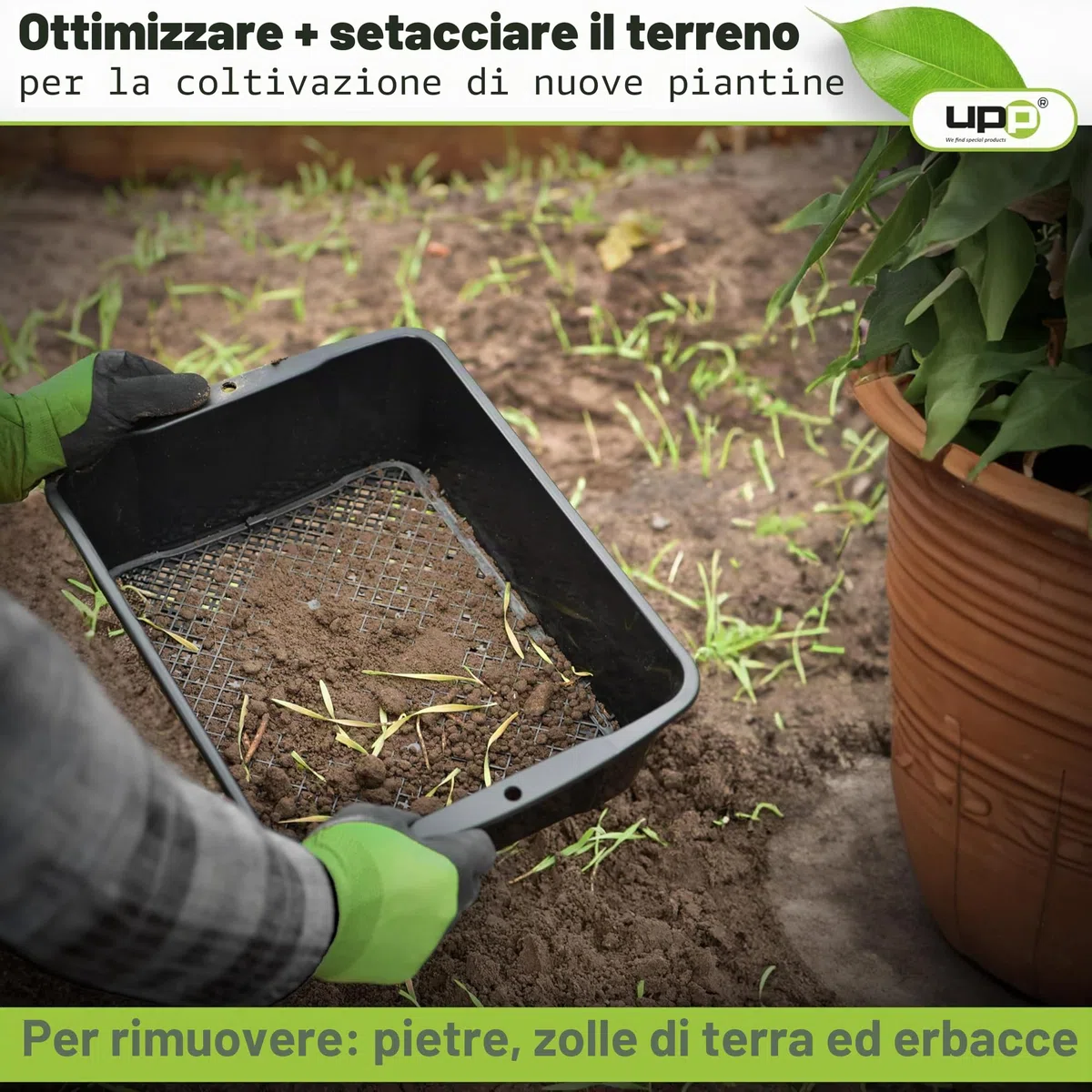 UPP 2-in-1 Setaccio da Giardinaggio 10mm 4mm Maglia Intercambiabile 39,5x29x11 cm Nero