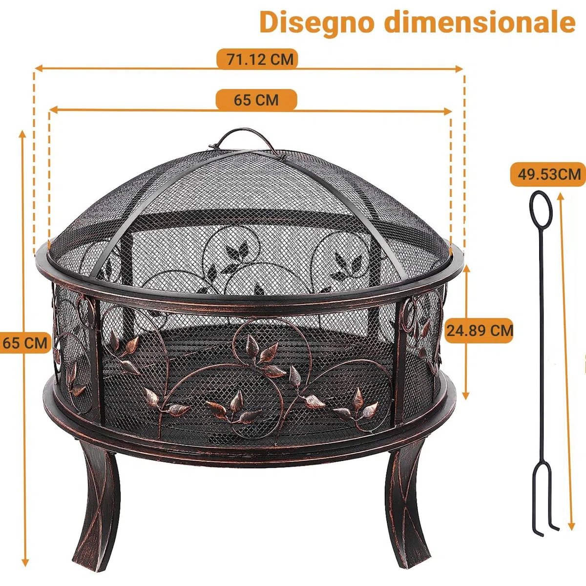 TLGREEN Braciere da giardino, braciere da Esterno con parascintille, stabile, fire pit 71 x 65 cm, con griglia per poker, 4 PCS piede, campeggio, spiaggia, tetto, look retrò, squisito motivo erba