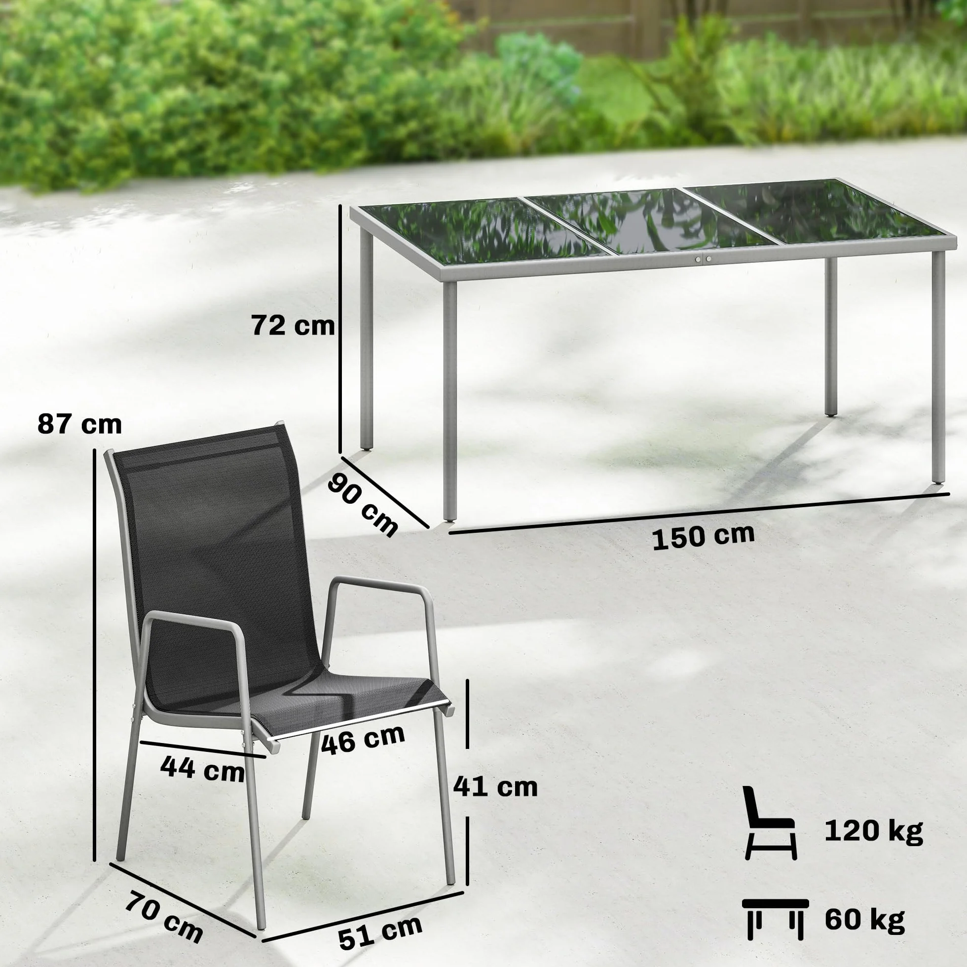 Outsunny Set Tavolo e Sedie da Giardino 7 Pezzi, Pranzo Esterno con 6 Sedie Impilabili in Texteline, Tavolo in Vetro Temperato, Metallo, Argento e Nero